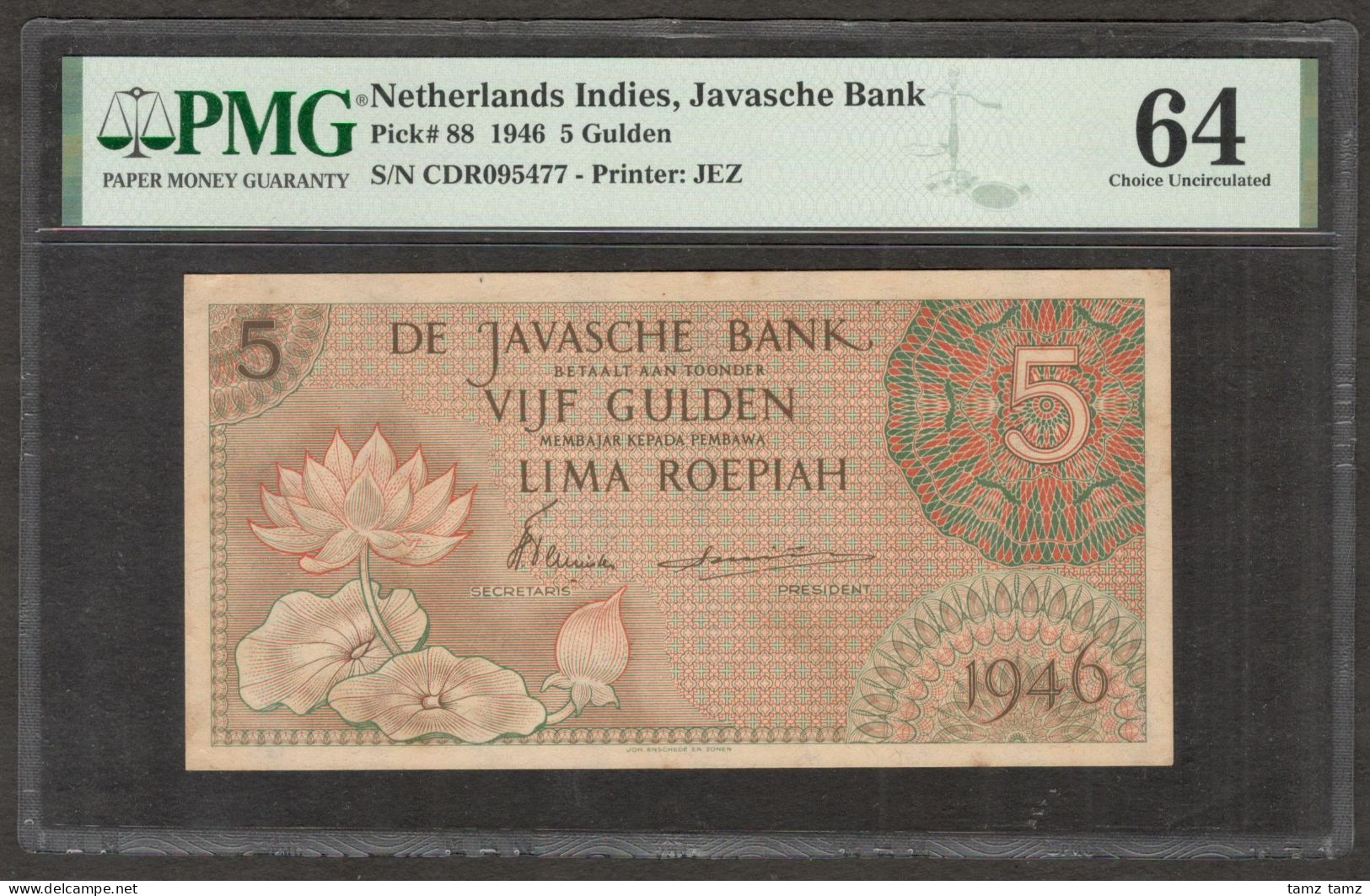 Netherlands Indies 5 Gulden Flower Orange P-88 1946 PMG 64 Ch UNC - Indonesië