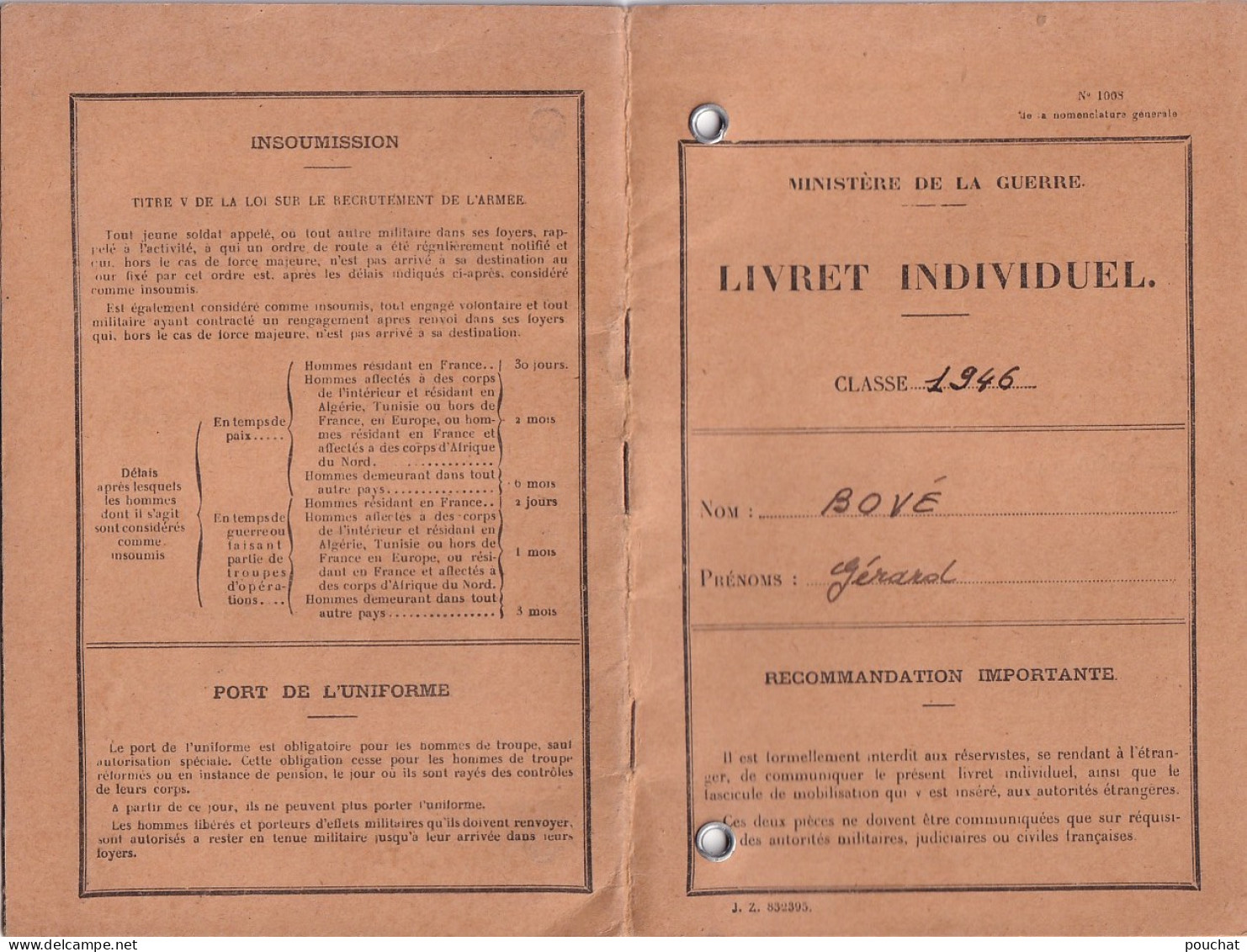 C5- MINISTERE DE LA GUERRE - LIVRET INDIVIDUEL CLASSE 1946 - STRASBOURG - BELFORT - ETC ...( TOUS LES SCANS )