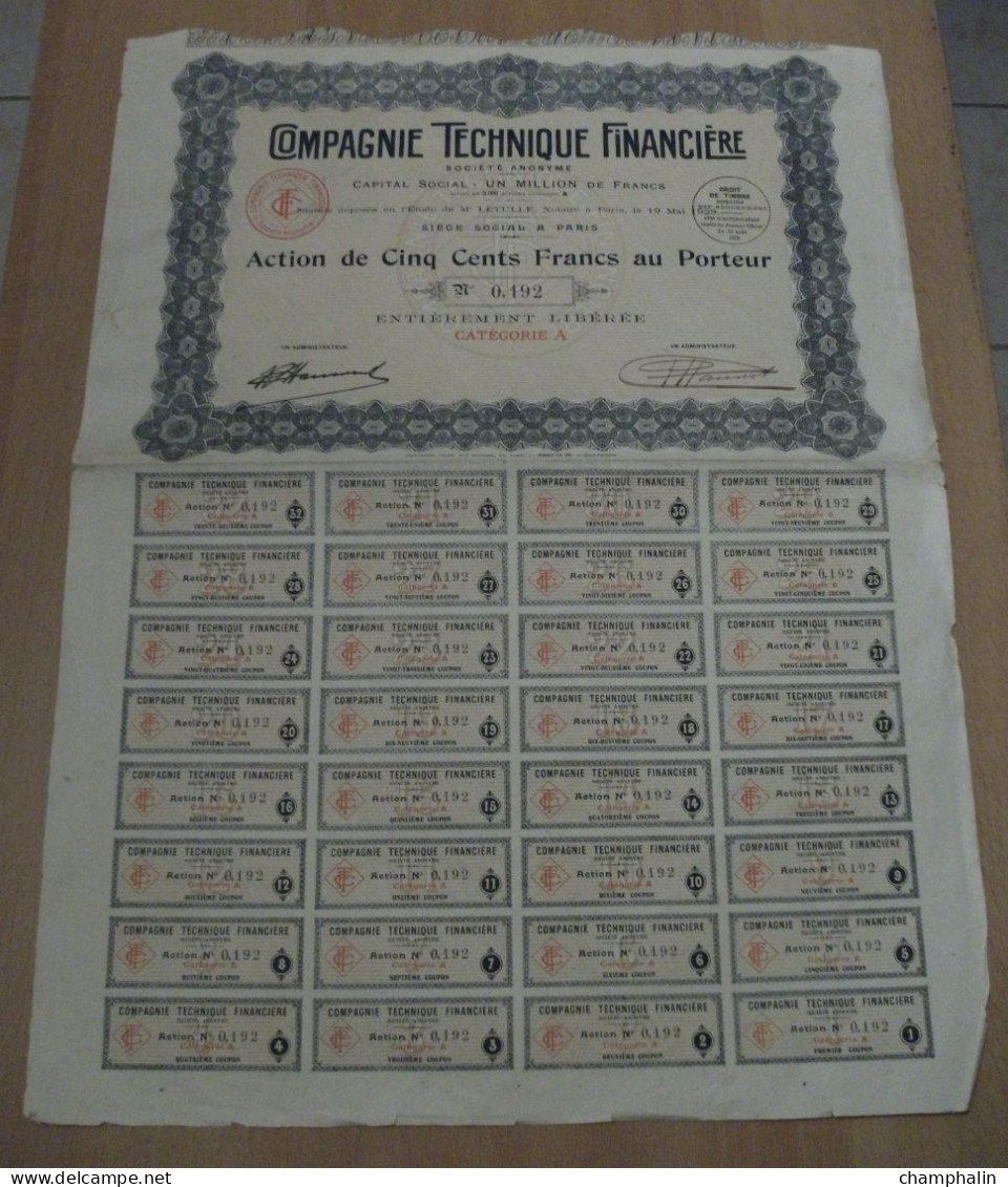 Actions - Compagnie Technique Financière à Paris (75) - 19 Mai 1928 - Action Au Porteur - A - C