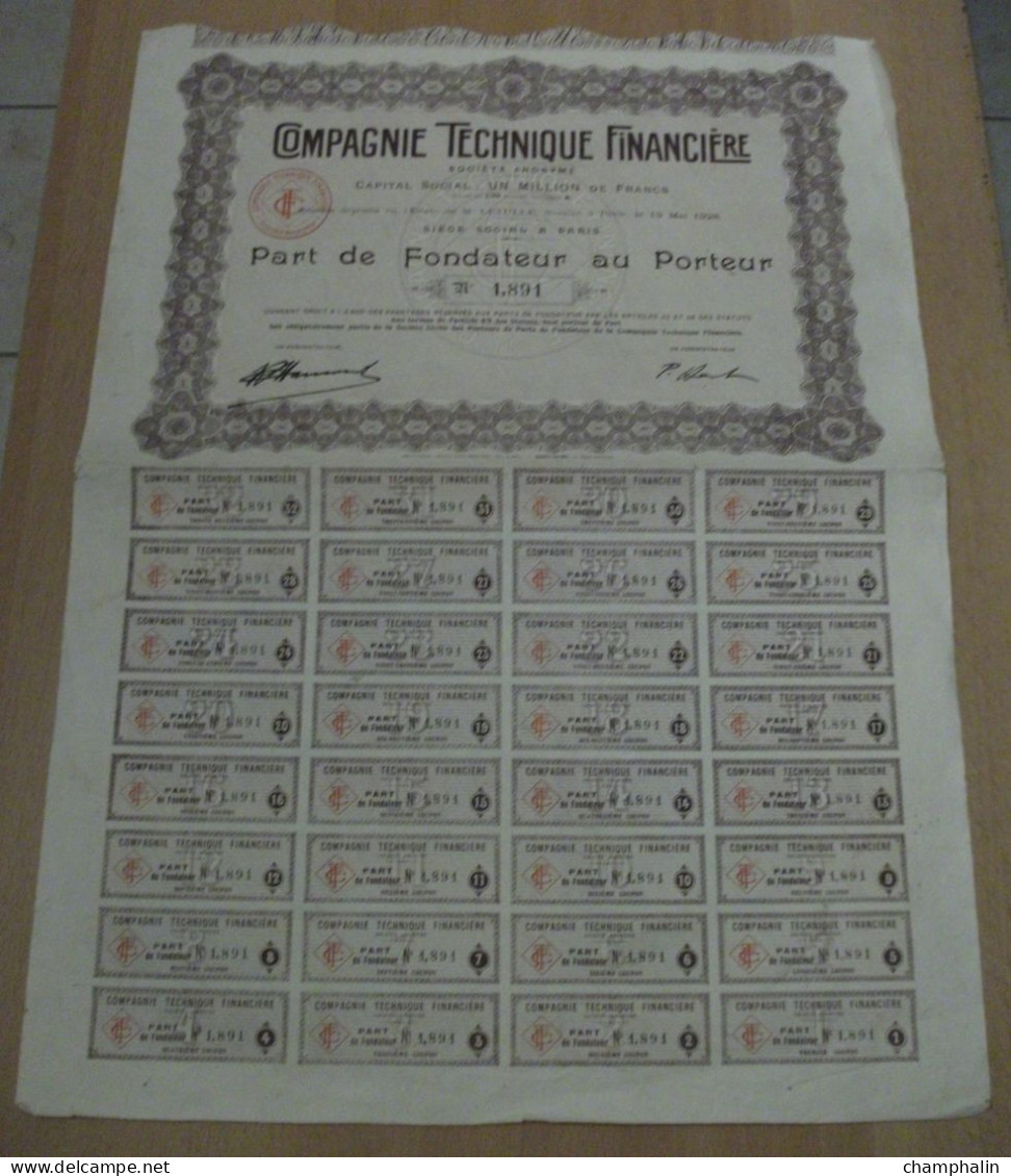 Actions - Compagnie Technique Financière à Paris (75) - 19 Mai 1928 - Part De Fondateur - A - C