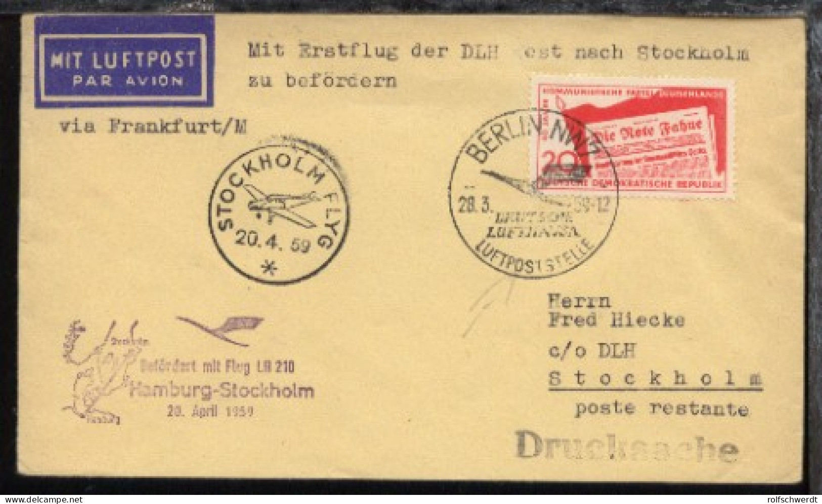 Lufthansa-Erstflug-Bf. Hamburg-Stockholm 20.4.1959 Zuleitung Aus Der DDR - Sonstige & Ohne Zuordnung