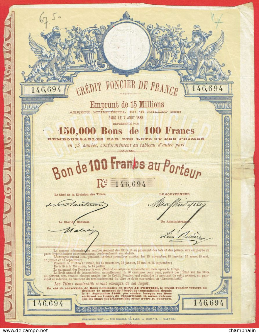 Actions - Crédit Foncier De France à Paris (75) - 7 Août 1888 - Bon Au Porteur - Bank & Insurance