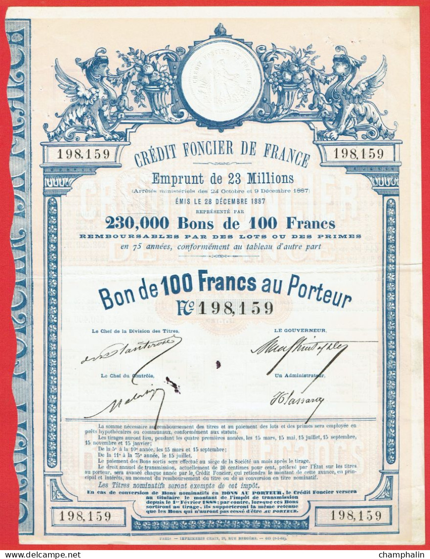 Actions - Crédit Foncier De France à Paris (75) - 28 Décembre 1887 - Bon Au Porteur - Bank & Versicherung