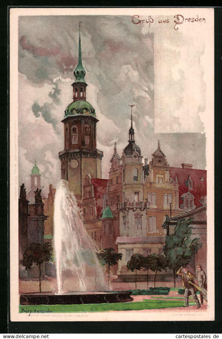 Künstler-AK Heinrich Kley: Dresden, Wasserfontäne Im Park Bei Starkem Wind, Uhrenturm  - Kley