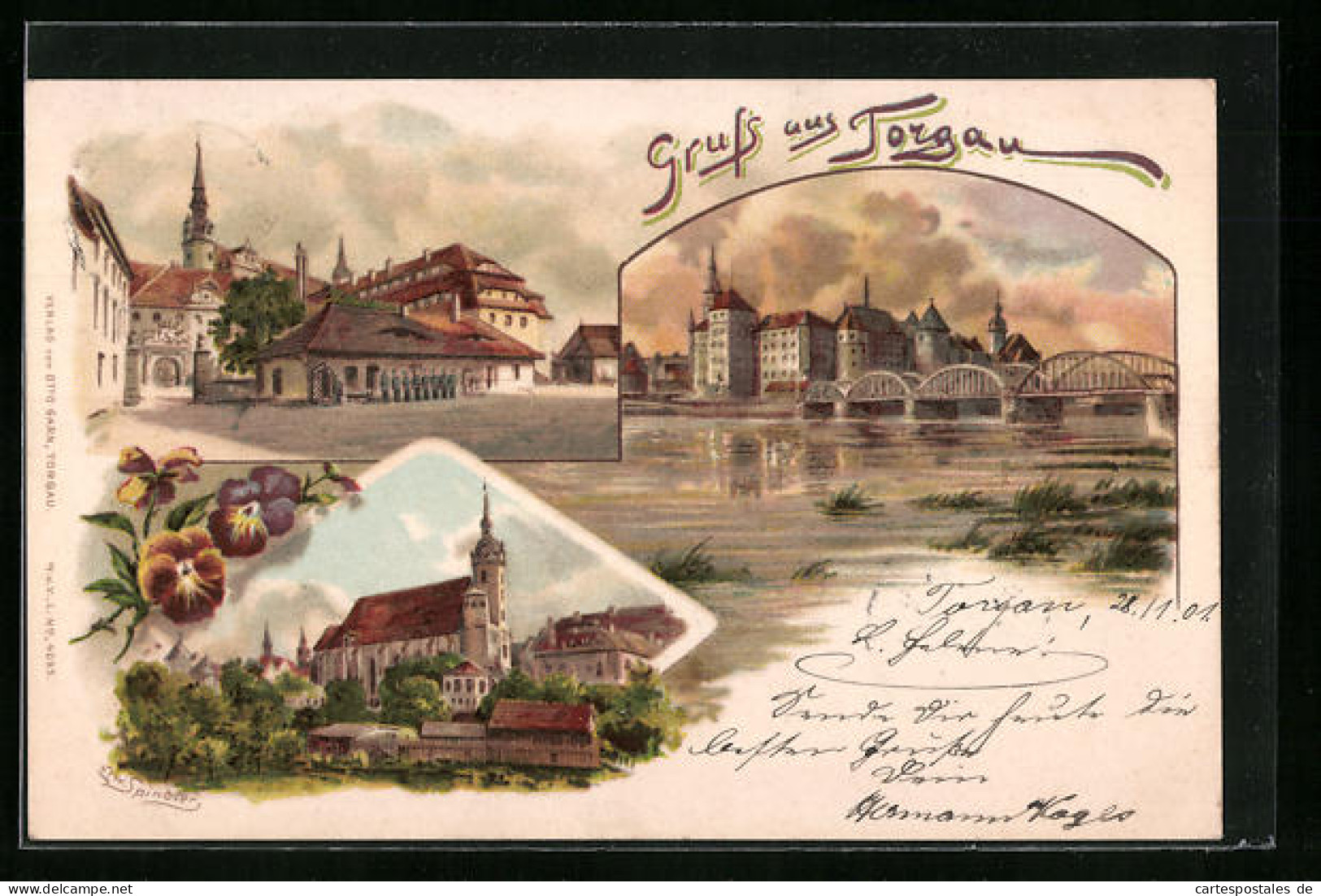 Lithographie Torgau, An Der Wache, Panorama Mit Brücke, Kirche Im Stadtbild  - Torgau