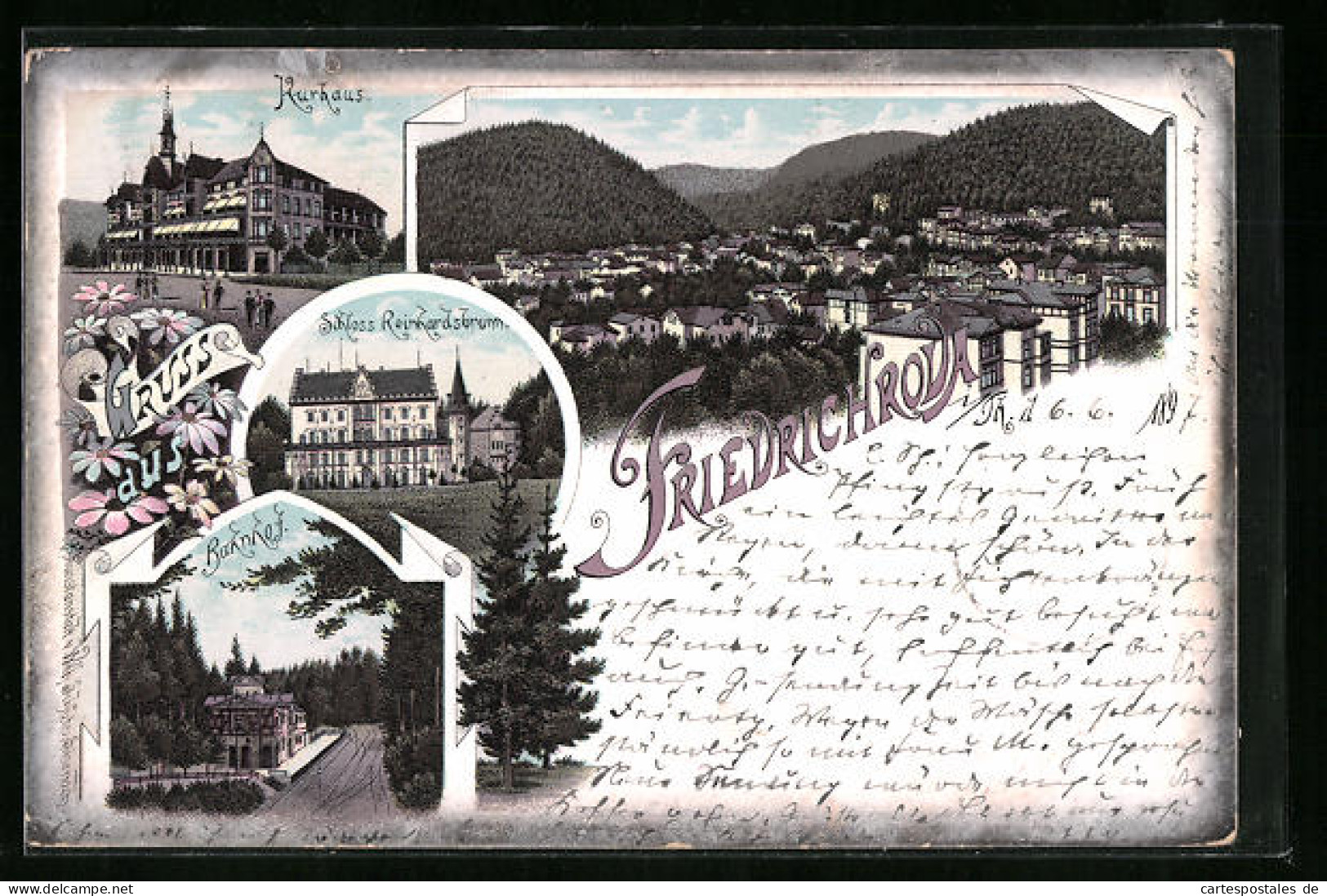Lithographie Friedrichroda, Kurhaus, Bahnhof, Schloss Reinhardsbrunn  - Friedrichroda