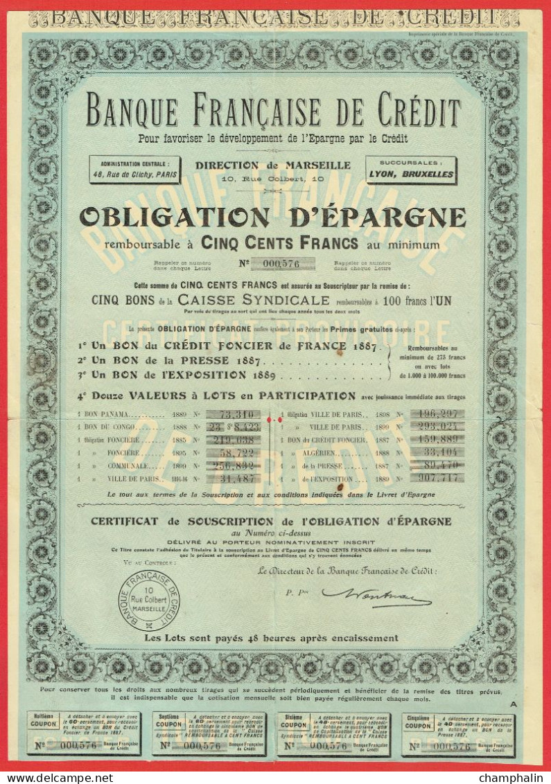 Actions - Banque Française De Crédit à Marseille (13) - Années 1880-1900 - Obligation D'Epargne - Bank En Verzekering