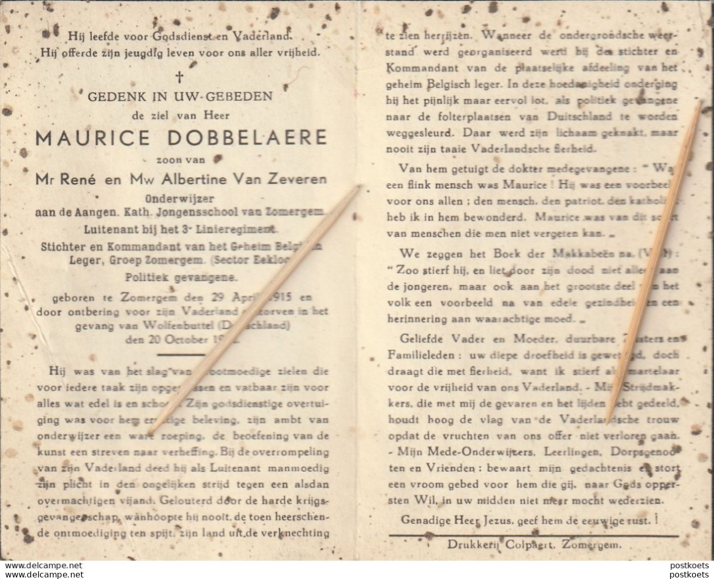 Oorlogsslachtoffer : 1944, Soldaat, Luitenant, Maurice Dobbelaere, Van Zeveren, Zomergem, Wolfenbuttel - Imágenes Religiosas