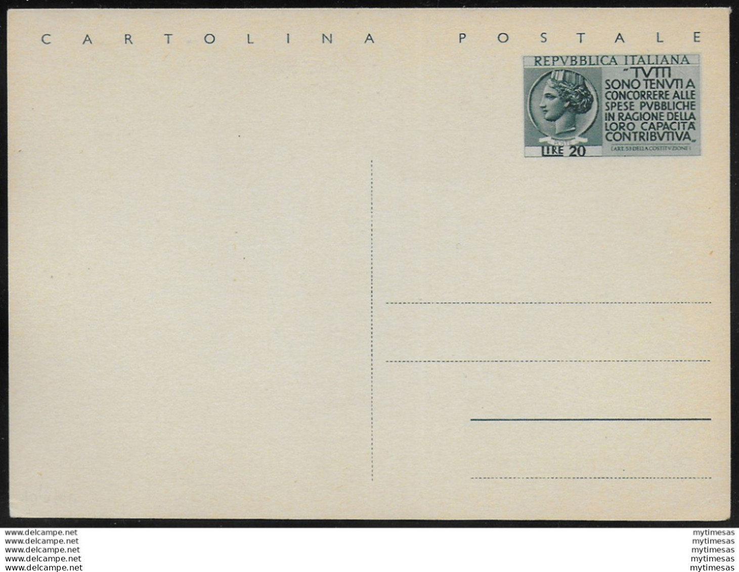 1954 Italia Lire 20 Cartolina Postale Fil. C158 - Postwaardestukken