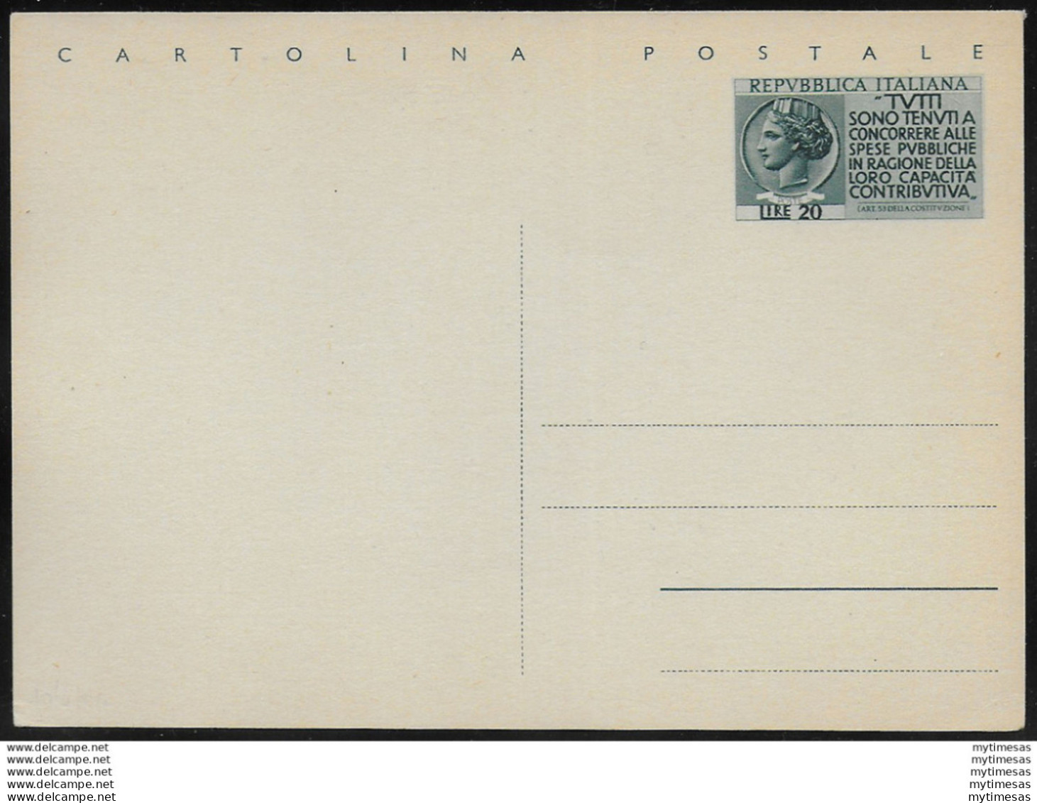 1954 Italia Lire 20 Cartolina Postale Fil. C158 - Entero Postal