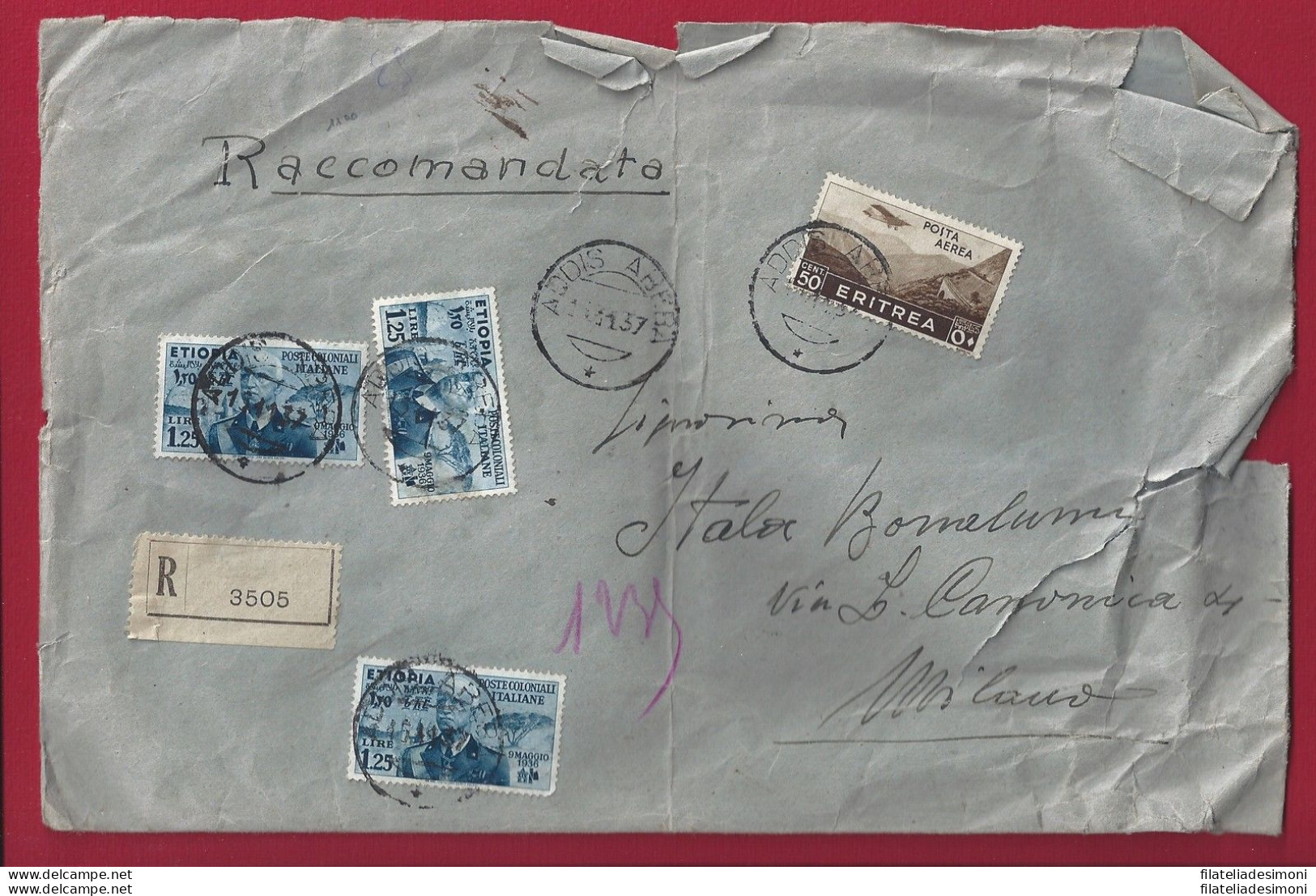 1937 ETIOPIA, N° 7 L. 1,25 Tre Esemplari Su Lettera Per Milano (mista Eritrea) - Aethiopien