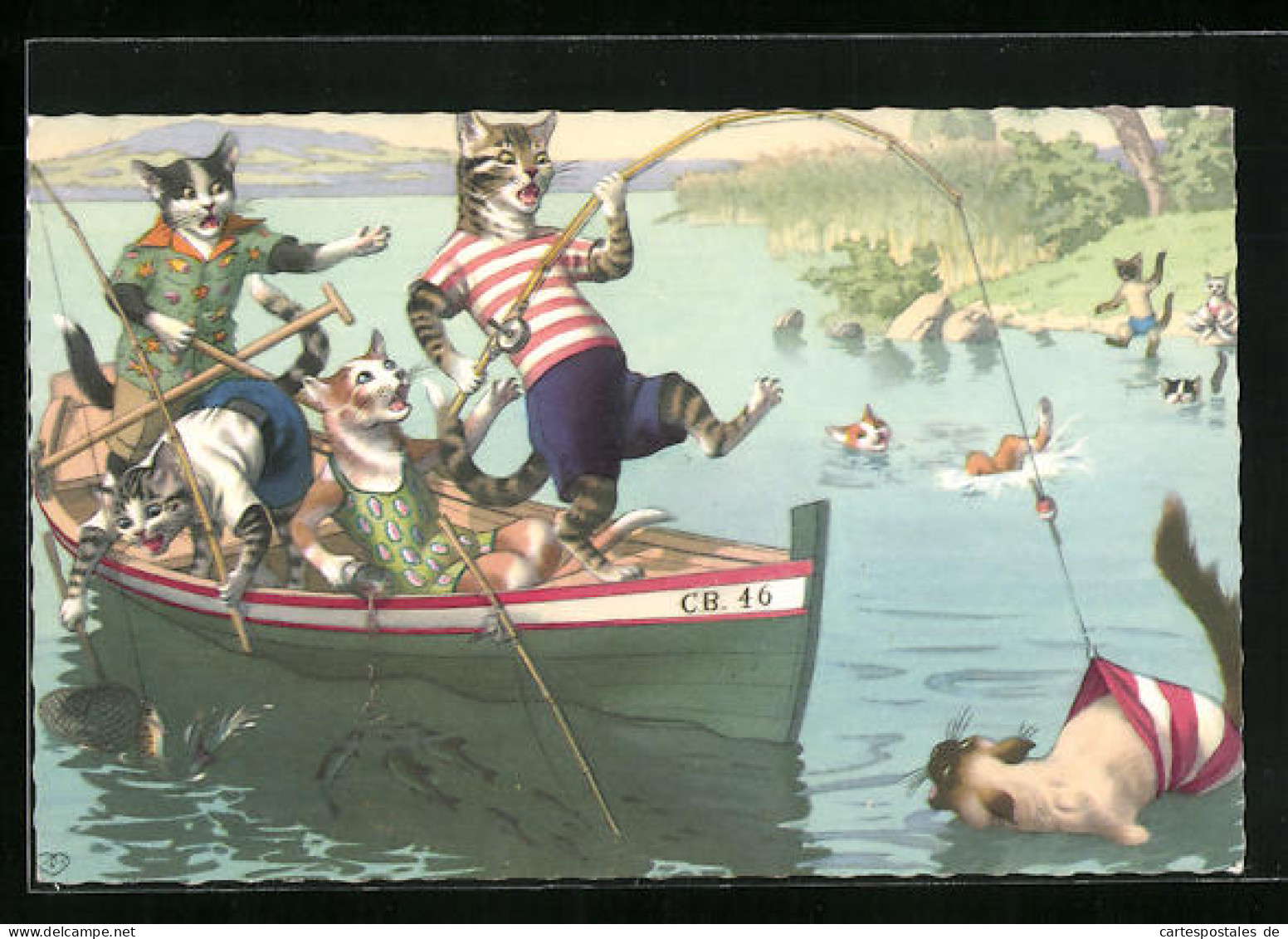 AK Katzen Beim Angeln Im Boot  - Katzen
