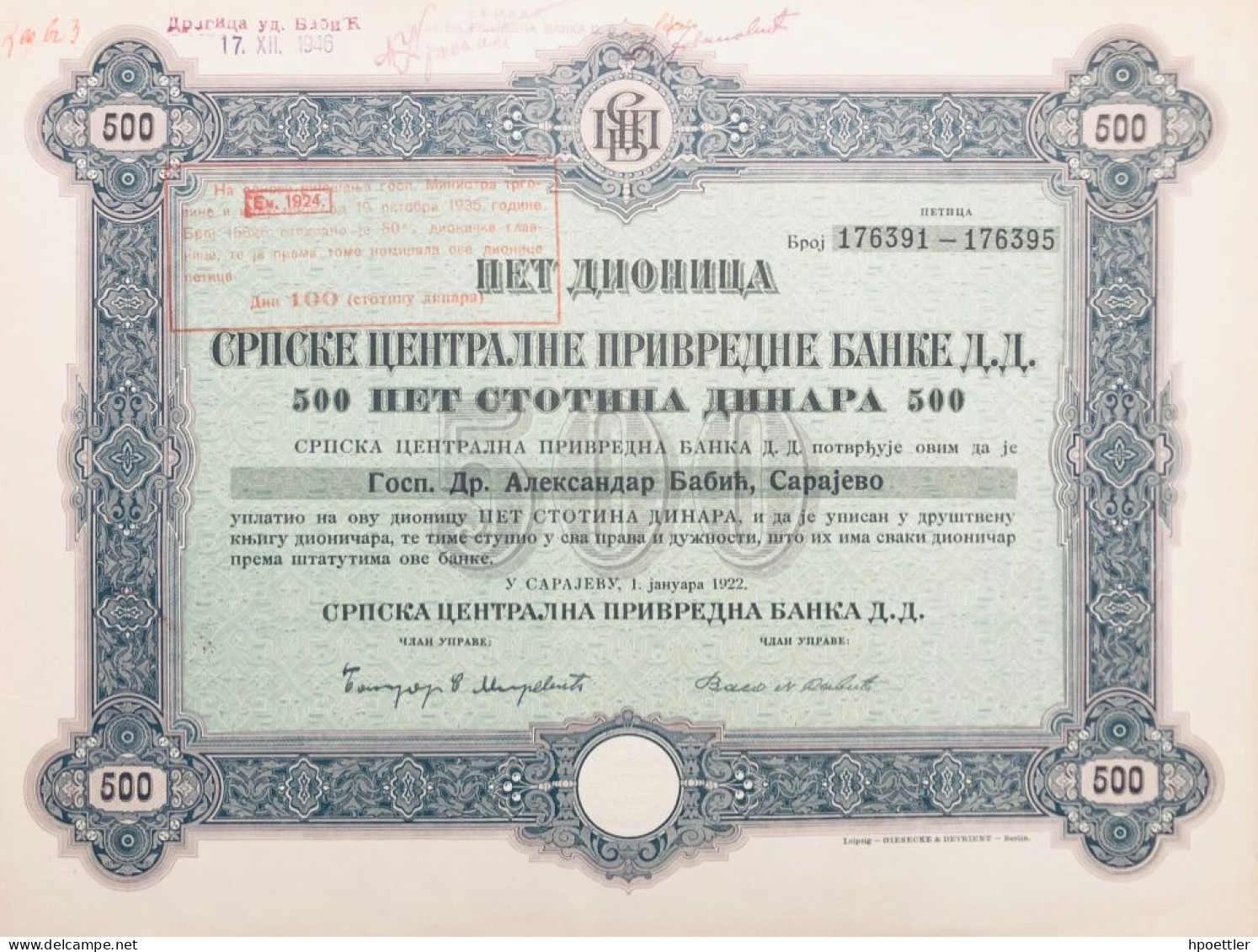 Bosnie - Cinq Actions: Part Des Banques Yougoslaves 500 Dinar 1922 - Banca & Assicurazione