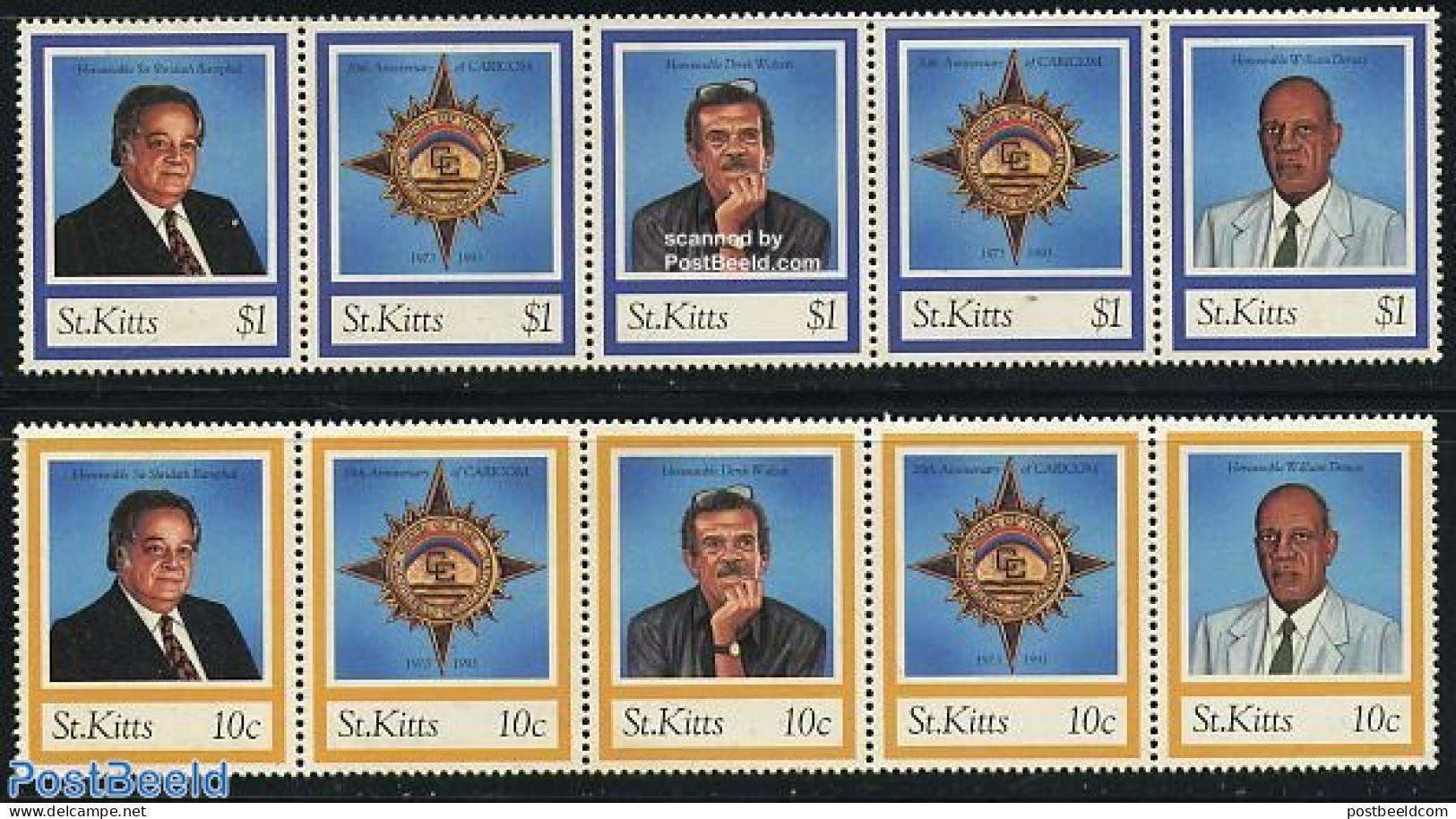 Saint Kitts/Nevis 1994 Caricom 8v (2x [::::] With 2 Double Stamps), Mint NH, History - Decorations - Nobel Prize Winne.. - Militares