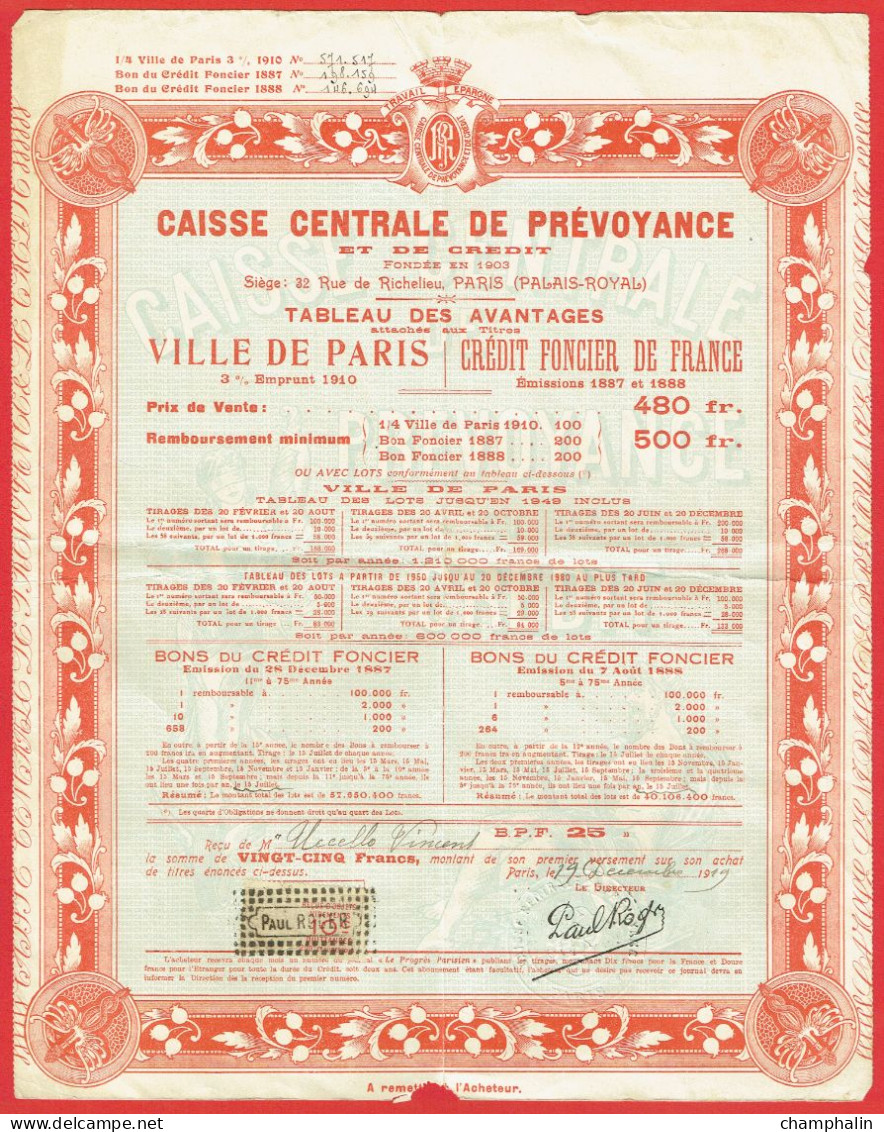 Actions - Caisse Centrale De Prévoyance Et Crédit à Paris (75) - Titres Au Porteur émis Le 19 Décembre 1919 Aïn-Fakroun - Bank & Versicherung