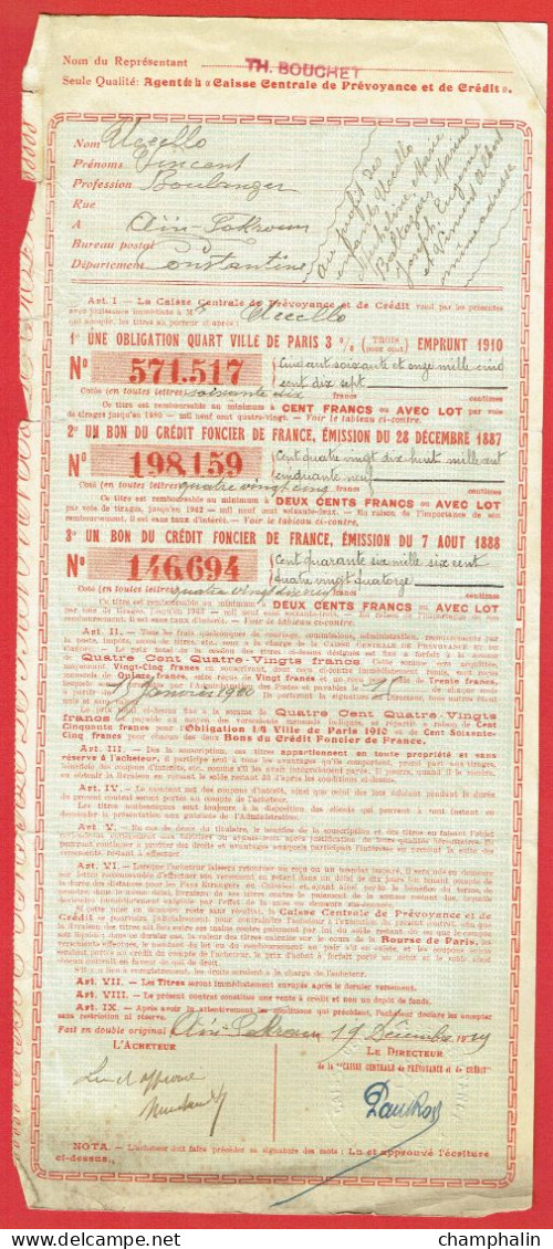 Actions - Caisse Centrale De Prévoyance Et Crédit à Paris (75) - Titres Au Porteur émis Le 19 Décembre 1919 Aïn-Fakroun - Bank & Insurance