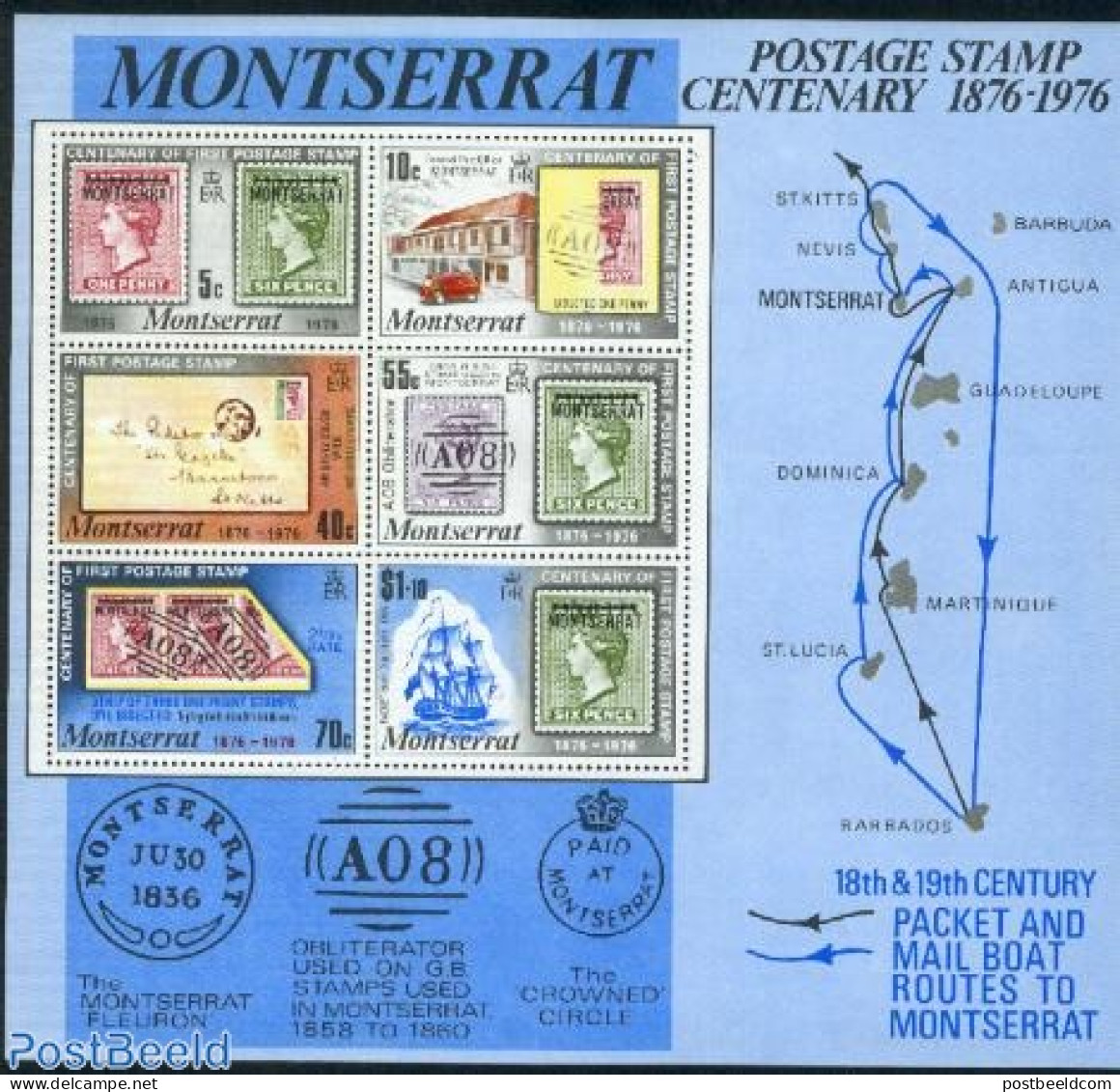 Montserrat 1976 Stamp Centenary S/s, Mint NH, Transport - Post - Stamps On Stamps - Automobiles - Ships And Boats - Correo Postal