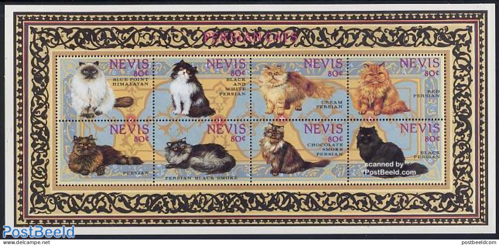 Nevis 1994 Persian Cats 8v M/s, Mint NH, Nature - Cats - St.Kitts Y Nevis ( 1983-...)