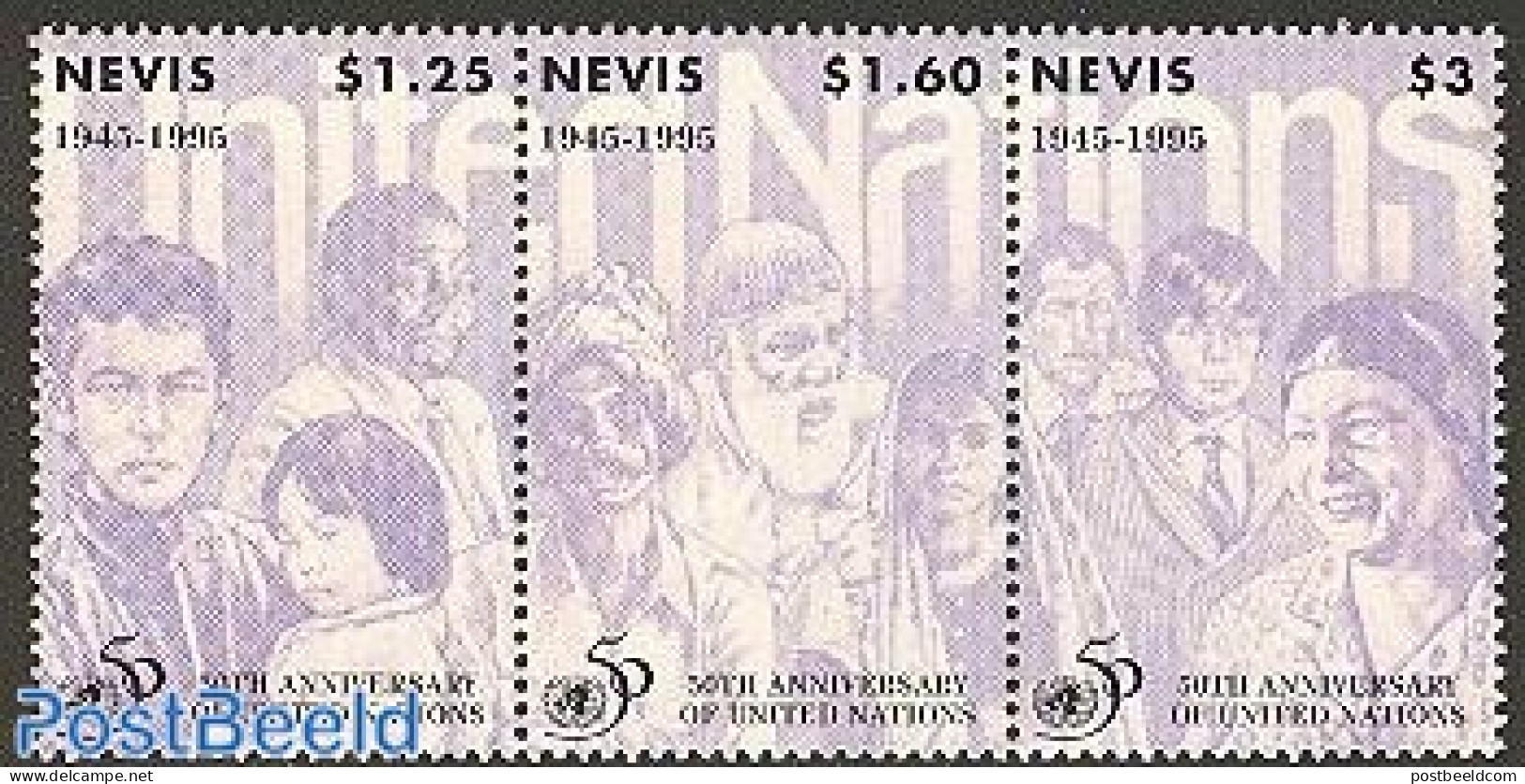 Nevis 1995 50 Years U.N.O. 3v [::], Mint NH, History - United Nations - St.Kitts Und Nevis ( 1983-...)