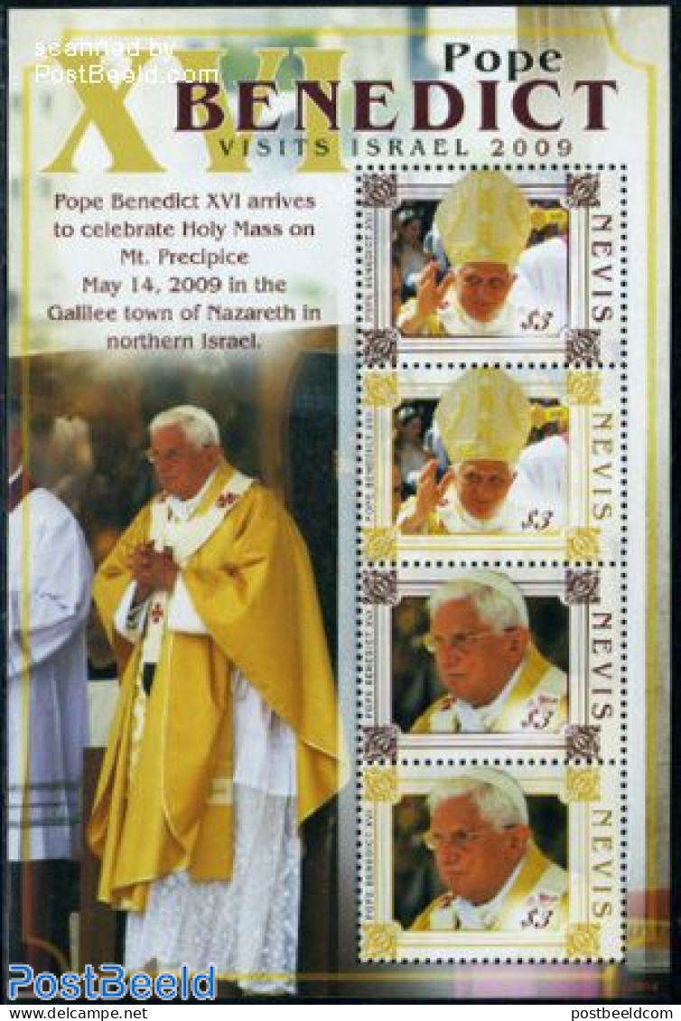 Nevis 2009 Pope Benedict Visits Israel 4v M/s, Mint NH, Religion - Pope - Religion - Papes