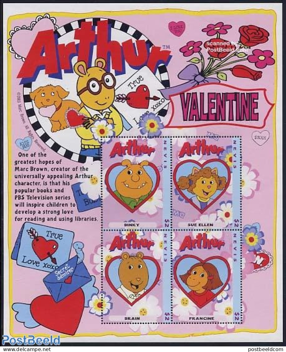 Nevis 2004 Arthur, Valentine 4v M/s, Mint NH, Art - Children's Books Illustrations - St.Kitts-et-Nevis ( 1983-...)