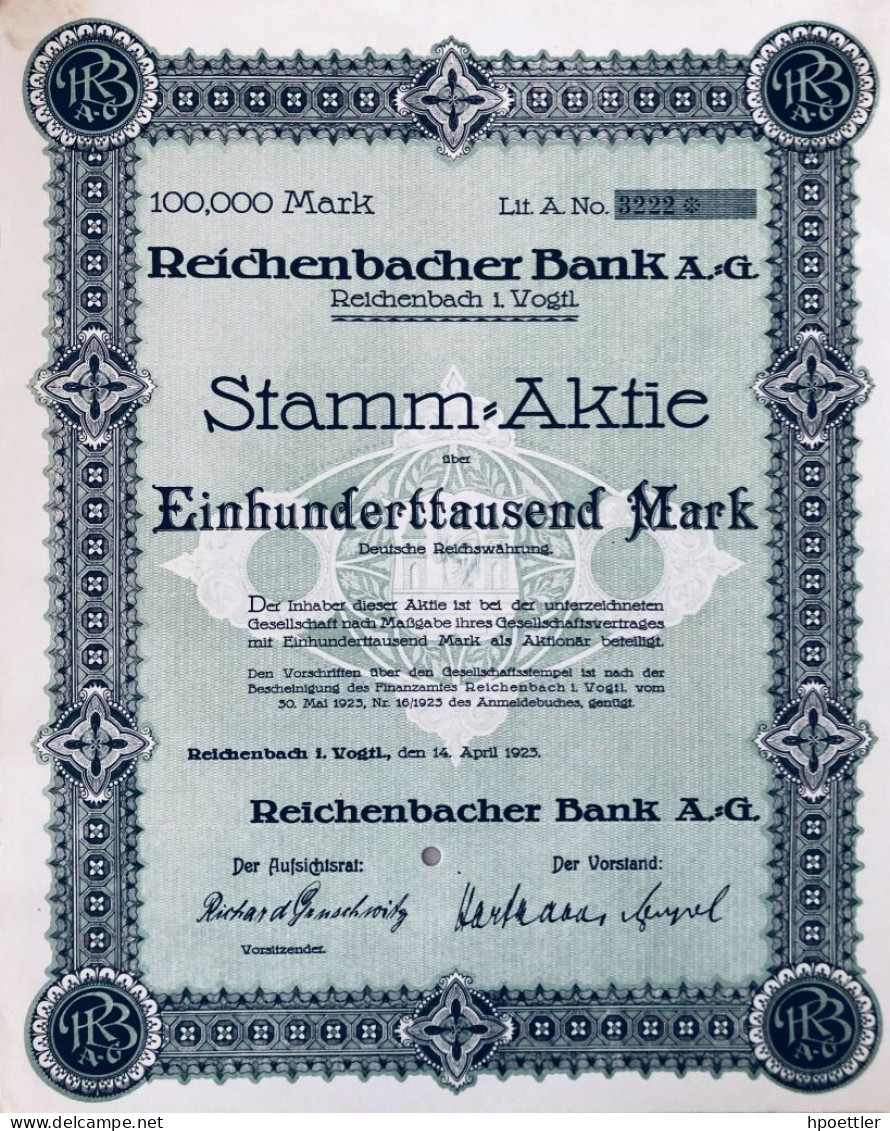 Action Ordinaires: 100.000 Mark - Reichenberger Bank AG I. Vogtl. 1923 - Bank & Versicherung