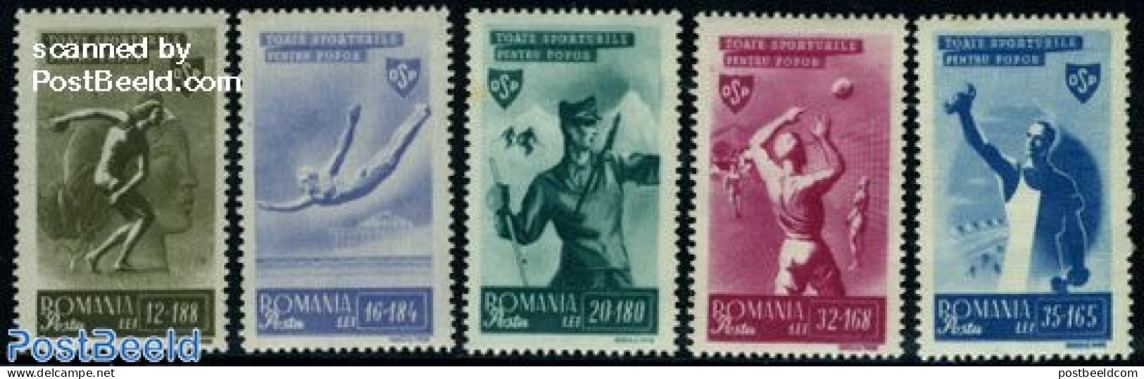 Romania 1945 Sports 5v, Mint NH, Sport - Athletics - Sport (other And Mixed) - Swimming - Volleyball - Nuevos
