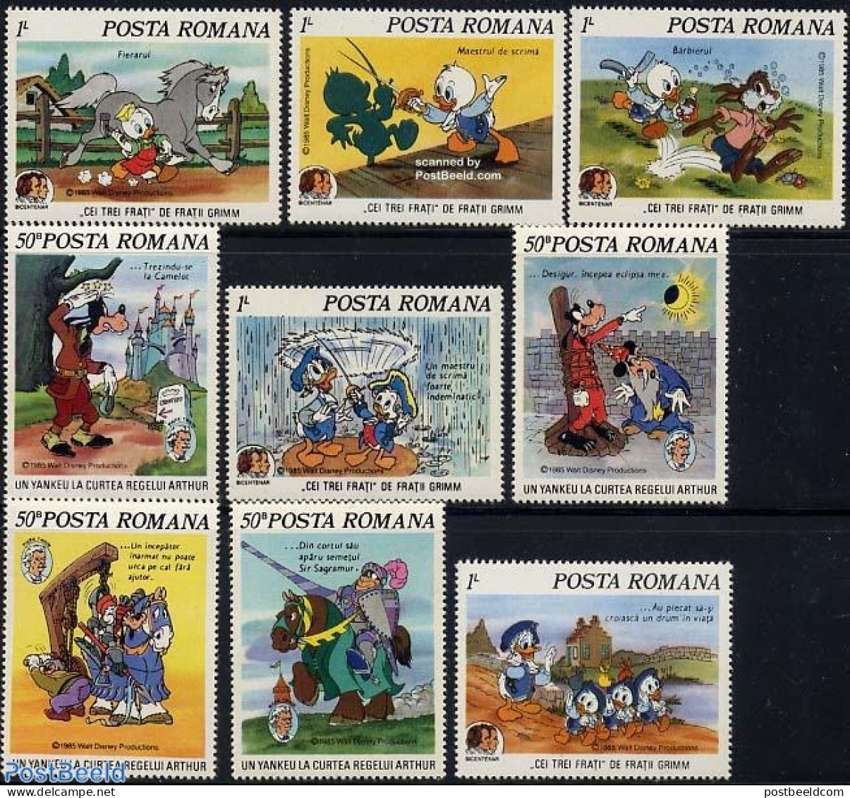 Romania 1985 Mark Twain, Disney 9v, Mint NH, History - Nature - Knights - Horses - Art - Authors - Disney - Ongebruikt
