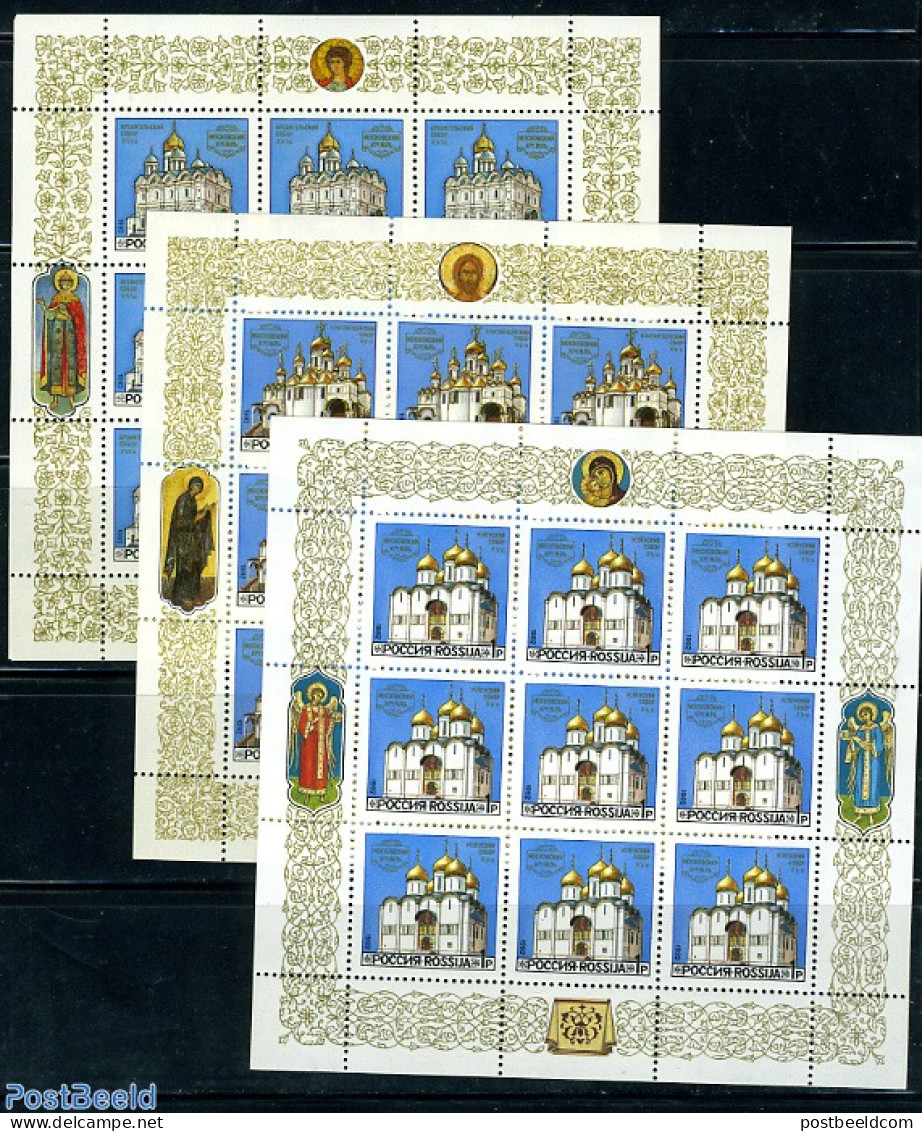 Russia 1992 Chrurches 3 M/ss, Mint NH, Religion - Churches, Temples, Mosques, Synagogues - Iglesias Y Catedrales
