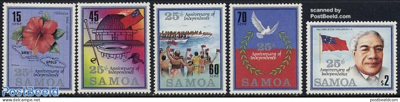 Samoa 1987 25 Years Independence 5v, Mint NH, History - Nature - Transport - Various - Flags - Flowers & Plants - Ship.. - Boten