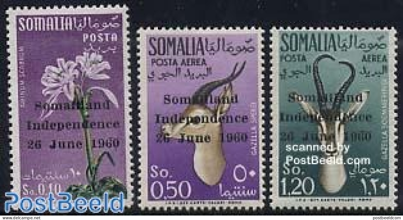 Somalia 1960 Independence 3v, Mint NH, Nature - Animals (others & Mixed) - Flowers & Plants - Wild Mammals - Somalië (1960-...)