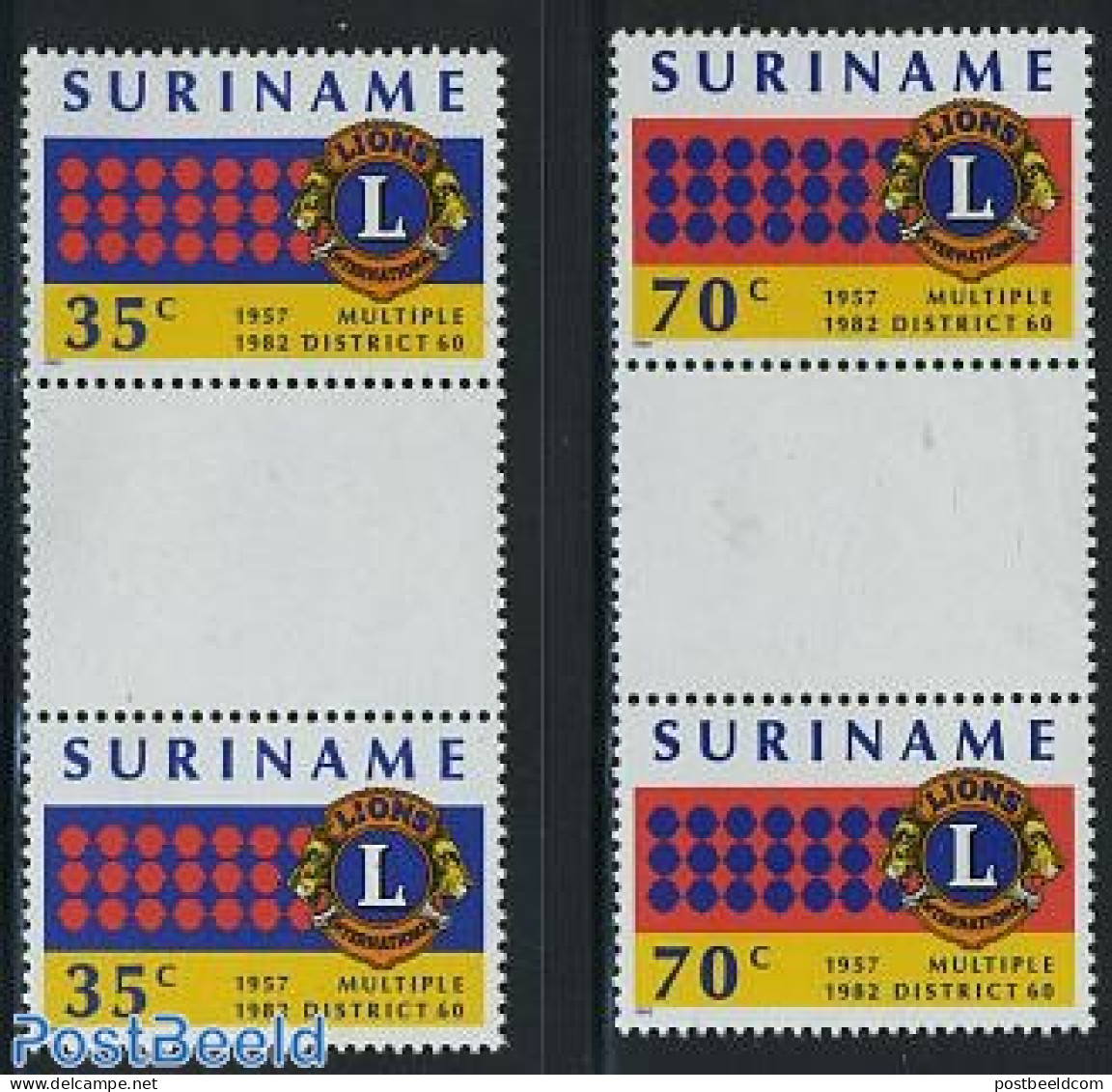 Suriname, Republic 1982 Lions Club 2v Gutter Pairs (white Tabs), Mint NH, Various - Lions Club - Rotary Club