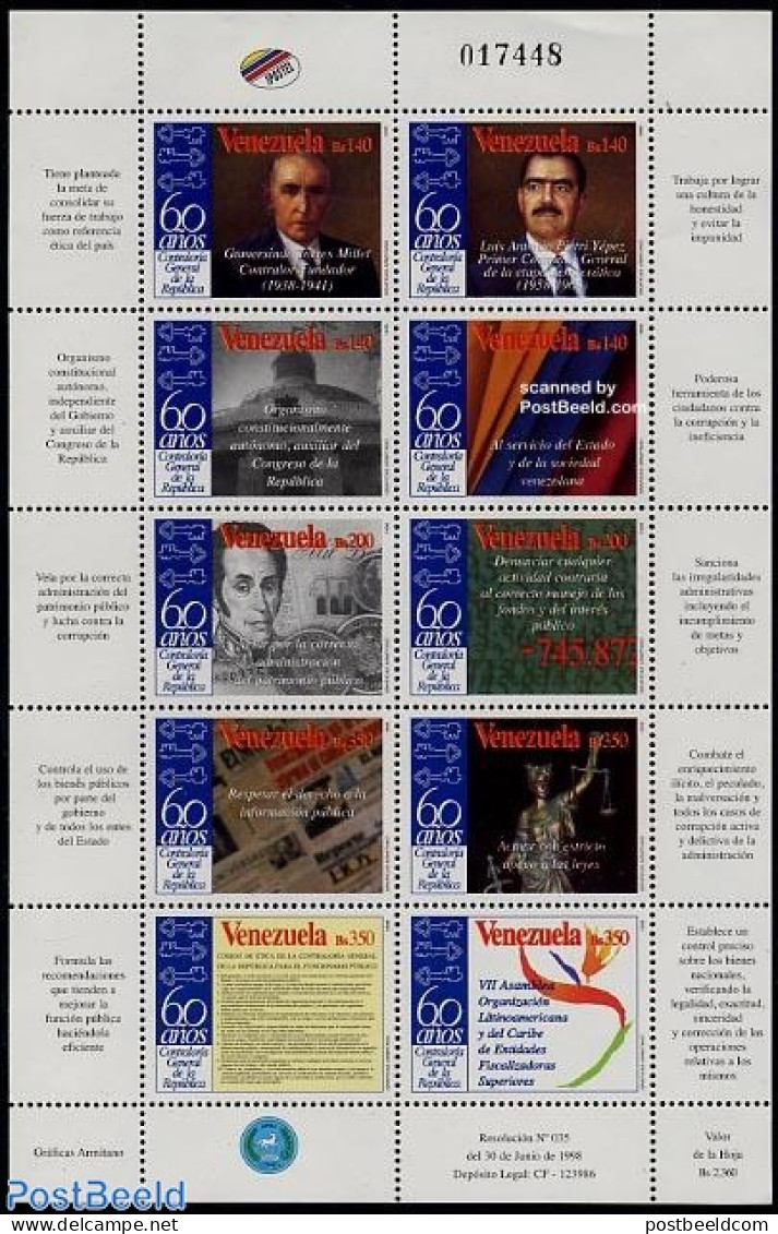Venezuela 1998 General Control Chamber 10v M/s, Mint NH, History - Various - Newspapers & Journalism - Justice - Money.. - Monedas