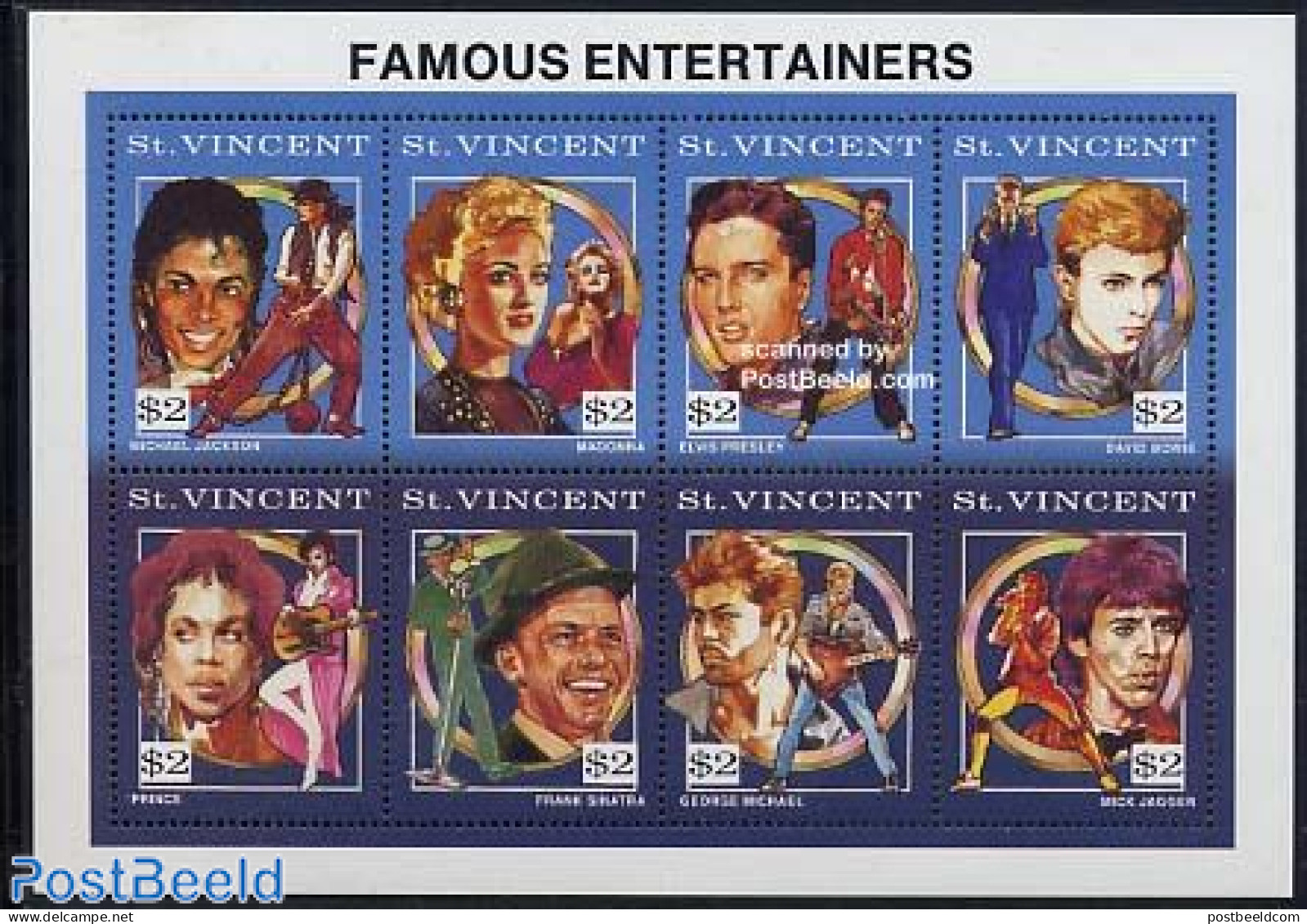 Saint Vincent 1991 Entertainers 8v M/s, Mint NH, Performance Art - Elvis Presley - Michael Jackson - Music - Popular M.. - Elvis Presley