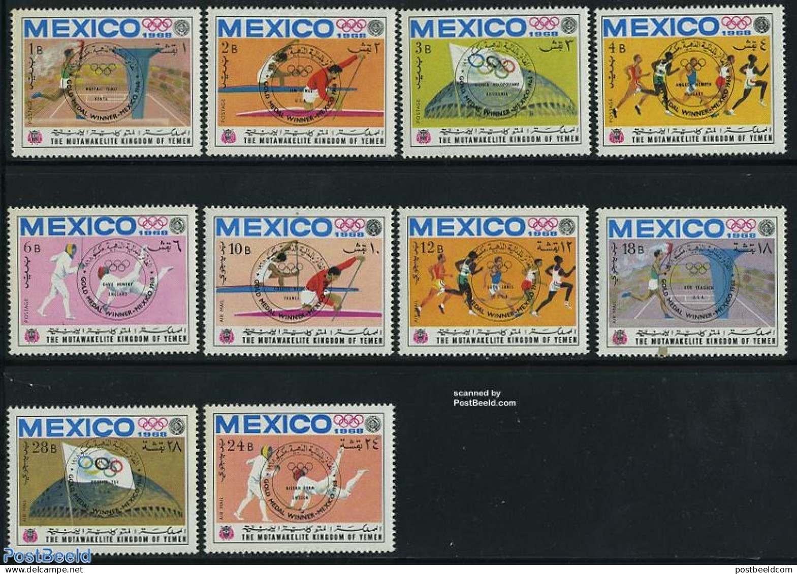 Yemen, Kingdom 1968 Olympic Winners 10v, Overprints, Mint NH, Sport - Fencing - Kayaks & Rowing - Olympic Games - Escrime