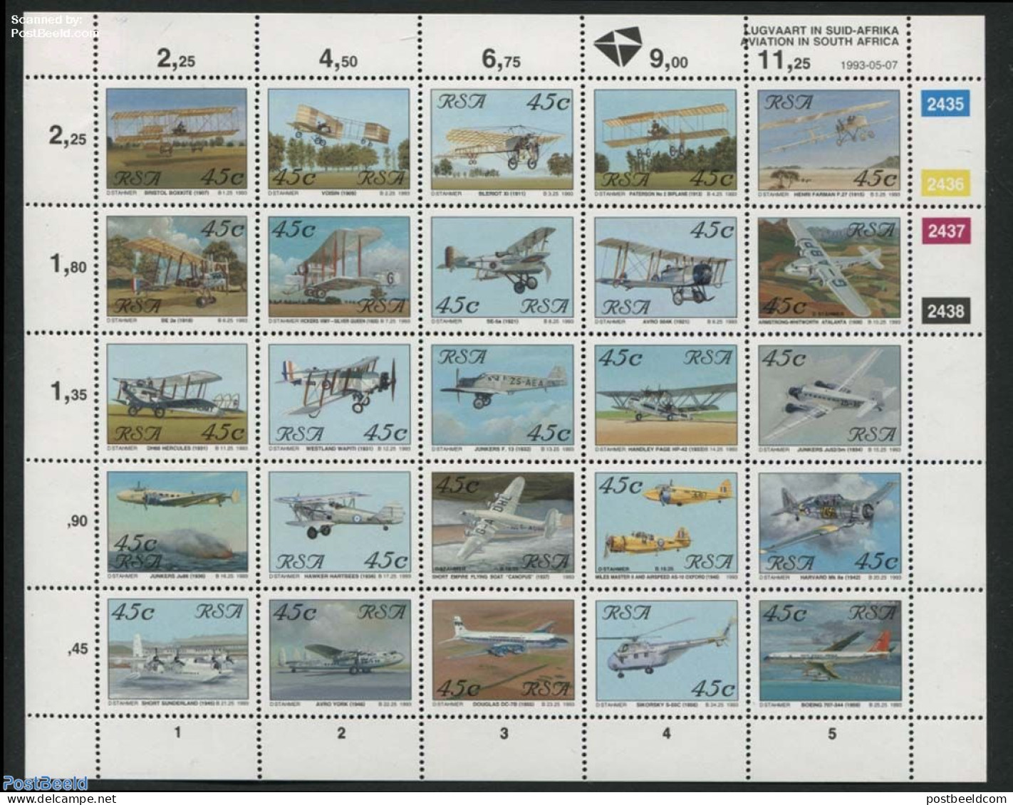 South Africa 1993 Aeroplanes 25v M/s, Mint NH, Transport - Aircraft & Aviation - Unused Stamps