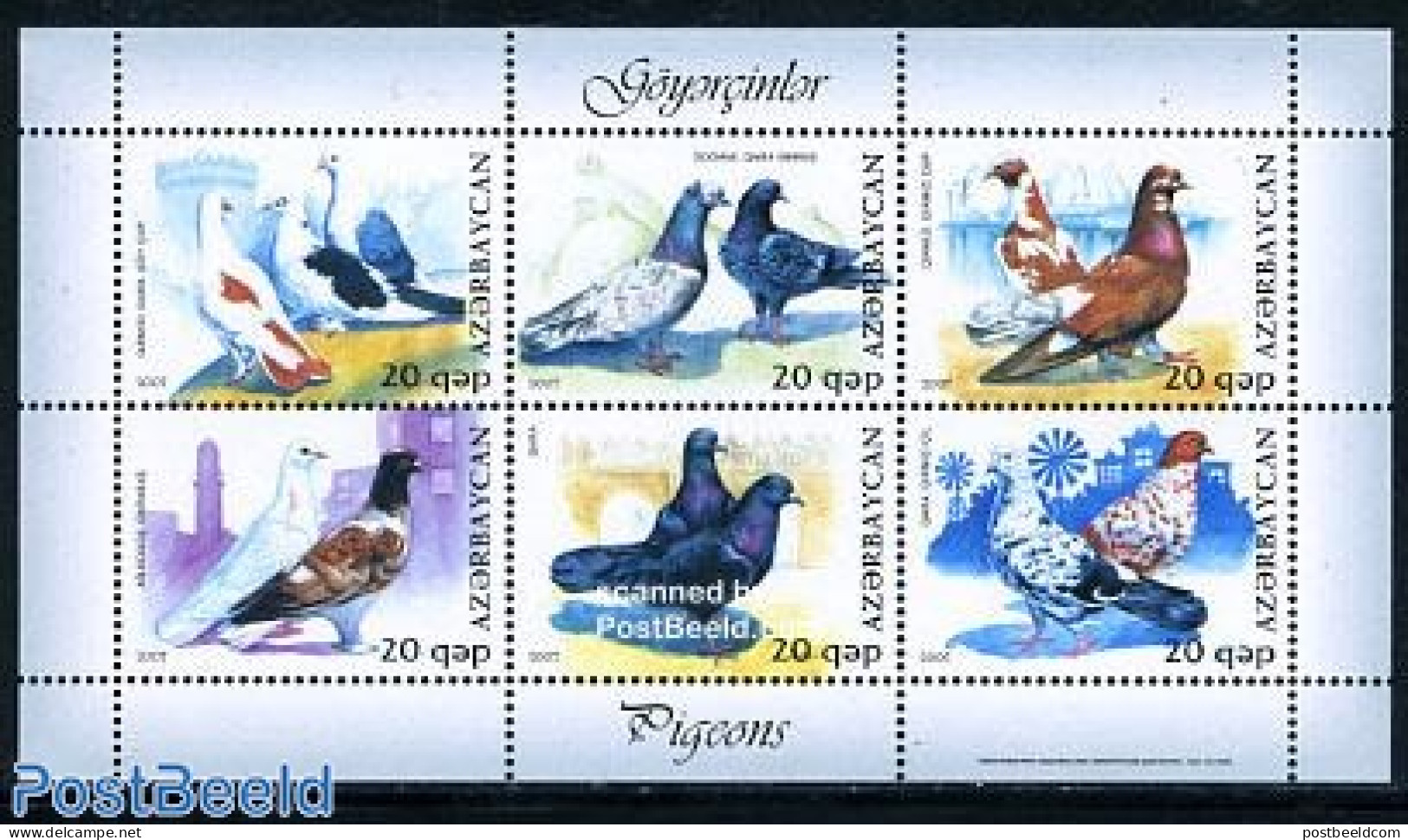 Azerbaijan 2007 Pigeons 6v M/s, Mint NH, Nature - Transport - Various - Birds - Ships And Boats - Mills (Wind & Water) - Boten