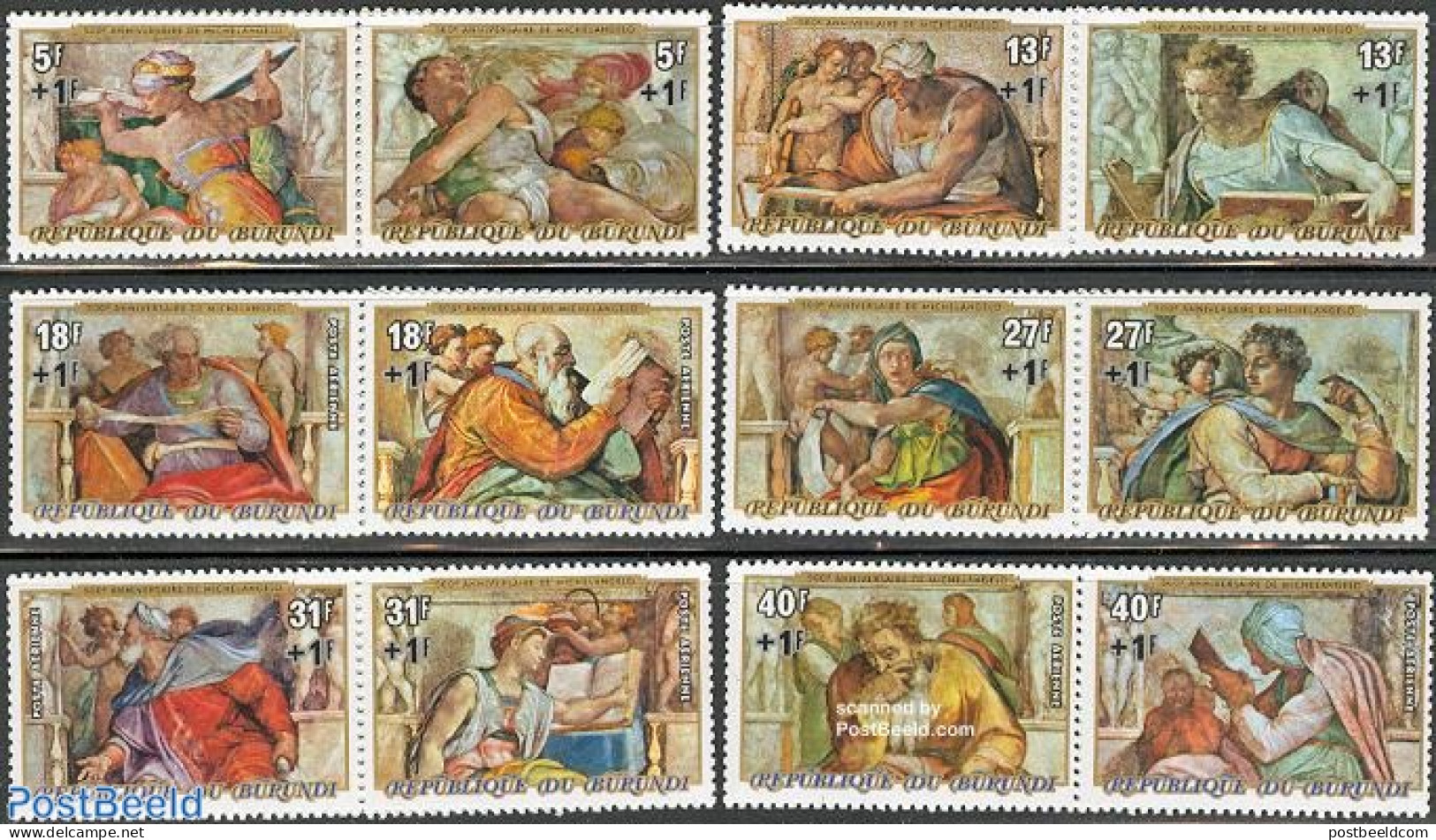 Burundi 1975 Christmas 6x2v [:], Mint NH, Religion - Christmas - Religion - Art - Michelangelo - Paintings - Kerstmis