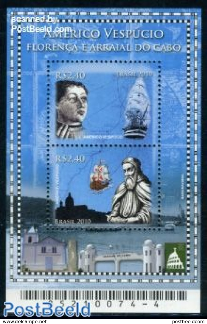 Brazil 2010 Amerigo Vespucci S/s, Mint NH, History - Transport - Various - Explorers - Ships And Boats - Maps - Neufs