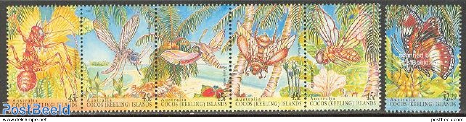 Cocos Islands 1995 Insects 6v (1v+[::::]), Mint NH, Nature - Butterflies - Insects - Trees & Forests - Rotary, Lions Club