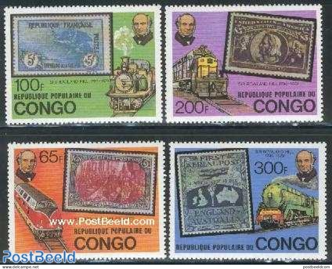 Congo Republic 1979 Sir Rowland Hill 4v, Mint NH, Transport - Sir Rowland Hill - Stamps On Stamps - Railways - Rowland Hill