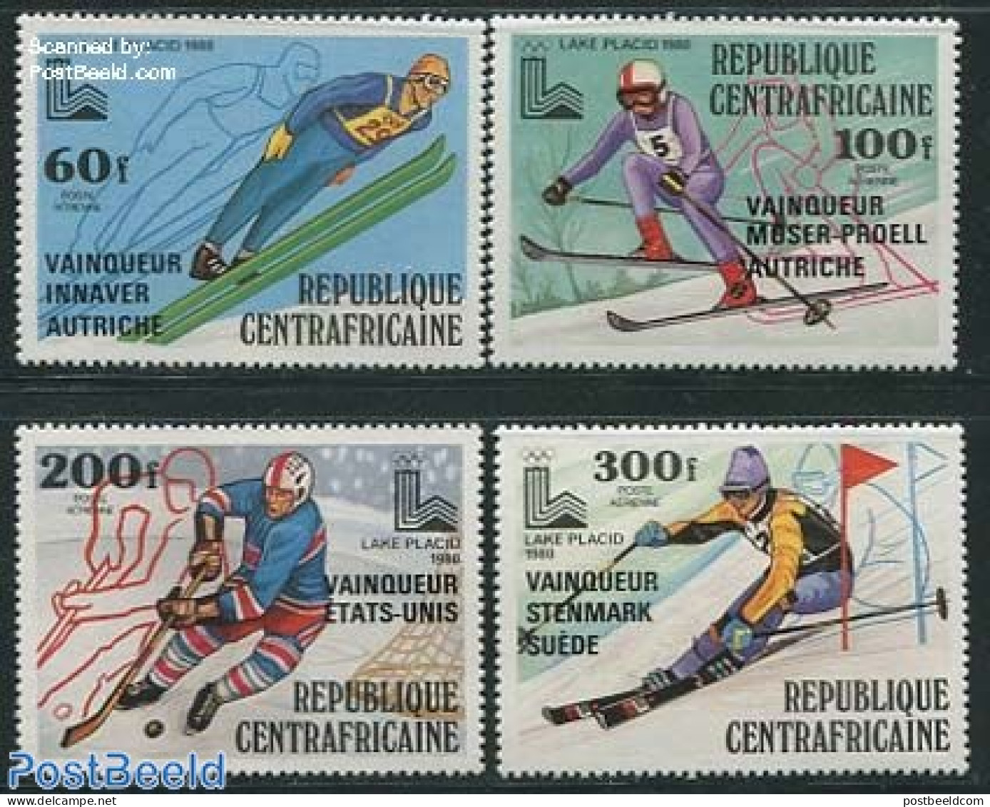 Central Africa 1980 Olympic Winter Winners 4v, Mint NH, Sport - Ice Hockey - Olympic Winter Games - Skiing - Hockey (Ice)