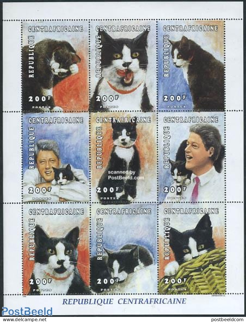 Central Africa 1997 Cats 9v M/s, Mint NH, History - Nature - American Presidents - Cats - República Centroafricana