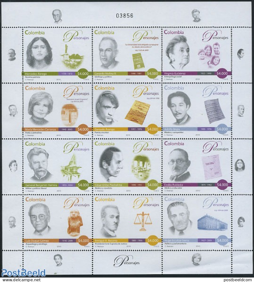 Colombia 2010 Famous Persons 12v M/s, Mint NH, History - Performance Art - Various - Archaeology - Music - Justice - A.. - Archeologie