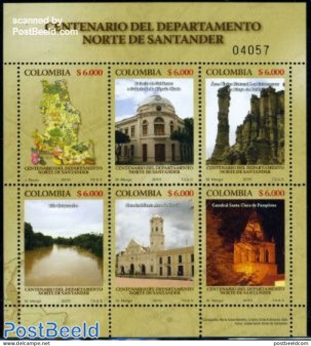 Colombia 2010 Santander Department Centenary 6v M/s, Mint NH, History - Religion - Various - Geology - Churches, Templ.. - Eglises Et Cathédrales