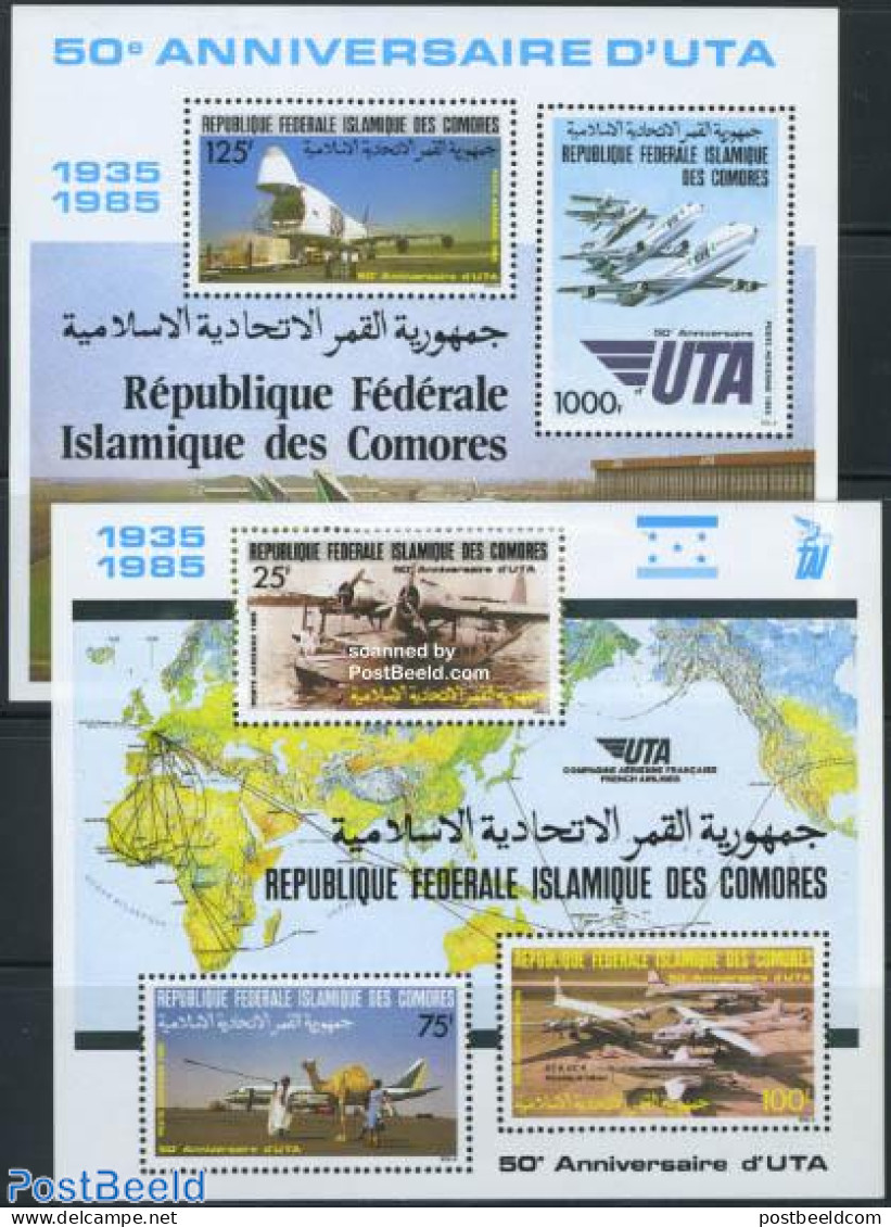Comoros 1985 50 Years UTA 2 S/s, Mint NH, Transport - Aircraft & Aviation - Aerei