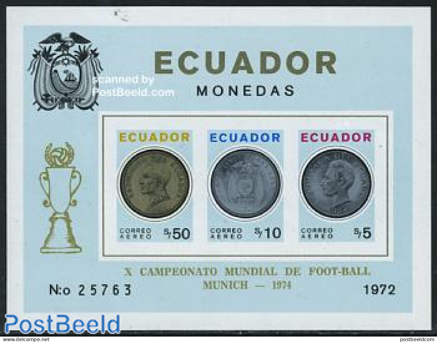 Ecuador 1974 World Cup Football S/s Imperforated, Mint NH, Sport - Various - Football - Money On Stamps - Monedas