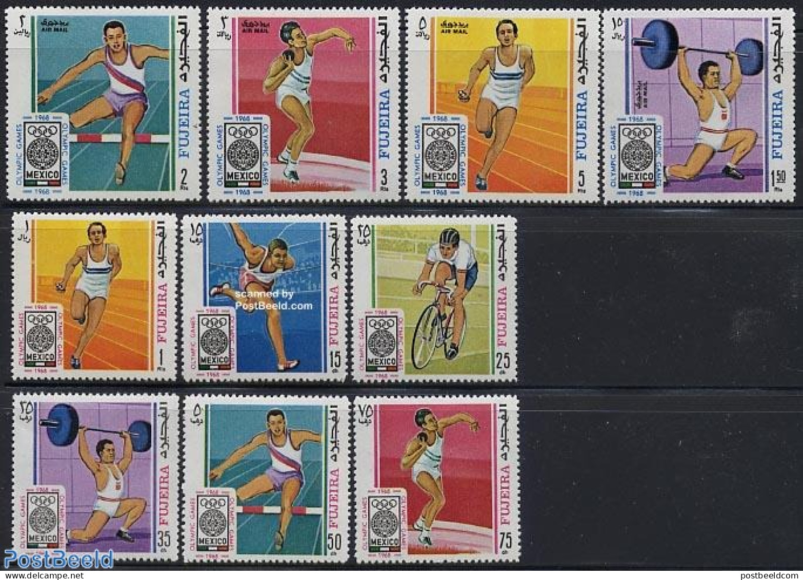 Fujeira 1968 Olympic Games Mexico 10v, Mint NH, Sport - Athletics - Cycling - Olympic Games - Weightlifting - Athlétisme