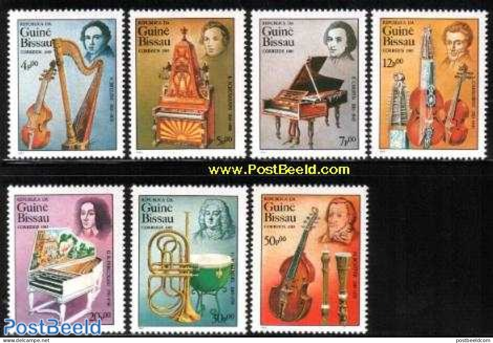 Guinea Bissau 1985 Int. Music Year 7v, Mint NH, Performance Art - Music - Musical Instruments - Music