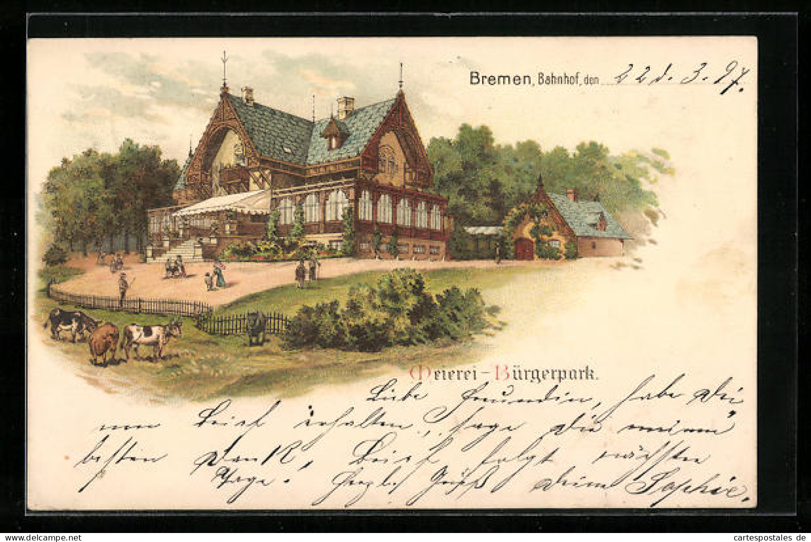 Lithographie Bremen, Dreierei-Bürgerpark Mit Kuhfeld Nebenan  - Bremen